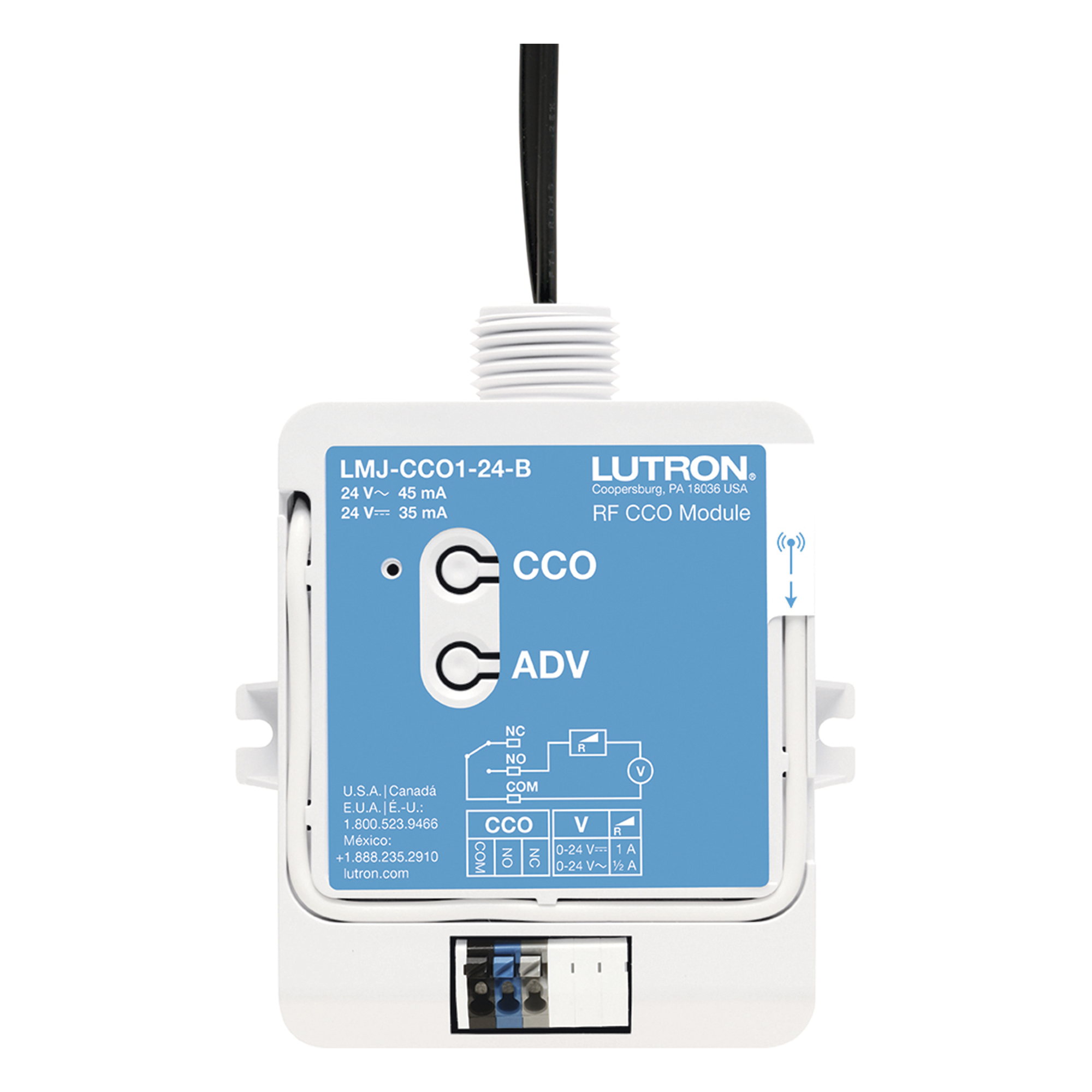 Módulo CCO de RF / Salida de Contacto Seco NO/NC / 24 V / Tipo Mantenido o Momentáneo / Alcance 9 m (29.5 ft) / Montaje Superficie o Caja de Conexiones — LUTRON ELECTRONICS · SKU LMJCCO124B