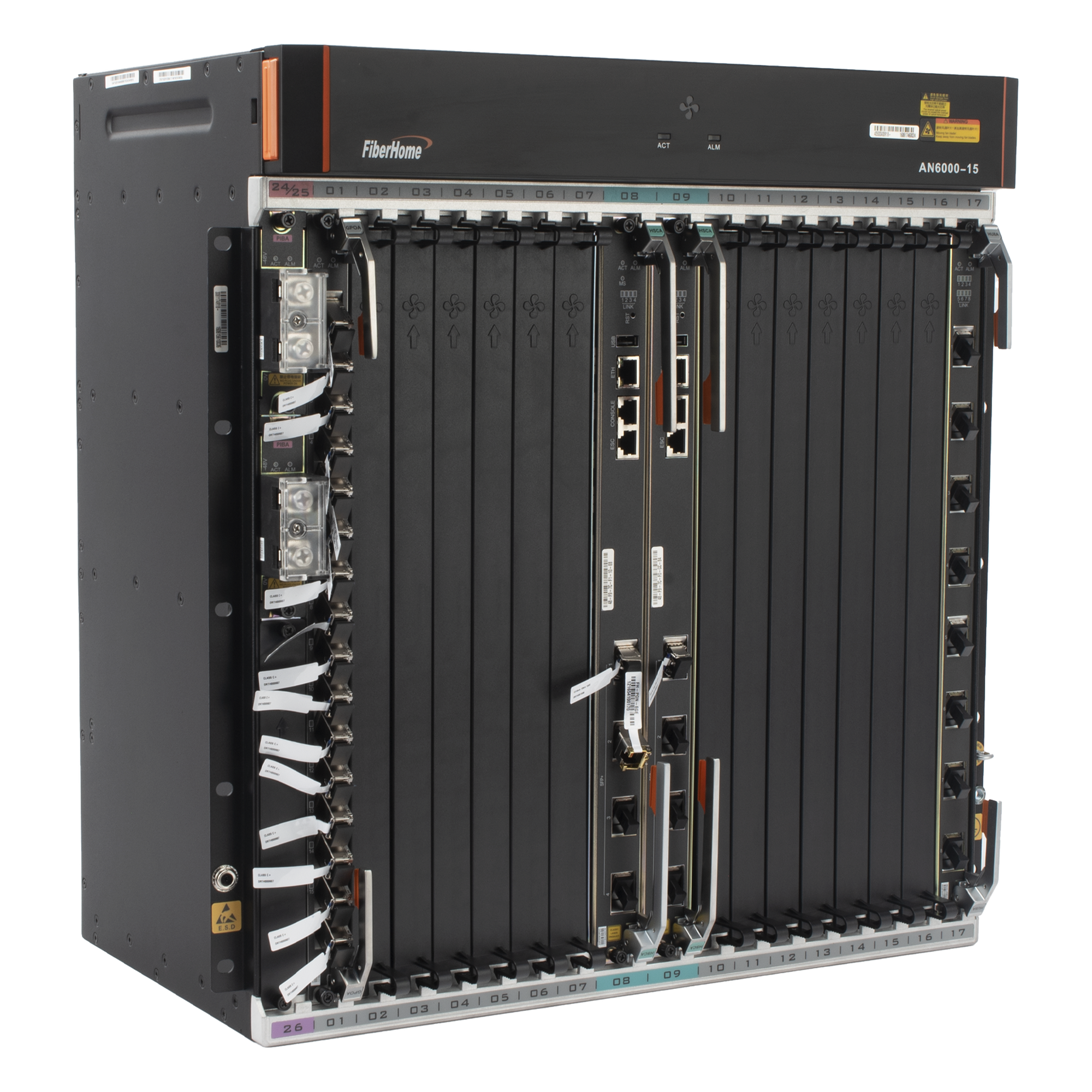 OLT Carrier Class Modular / 14 Ranuras de Servicio / 240 Puertos GPON / Switching 6.8 Tbps / Fuente Redundante -48Vdc / 11 UR — FIBERHOME · SKU AN6000-15