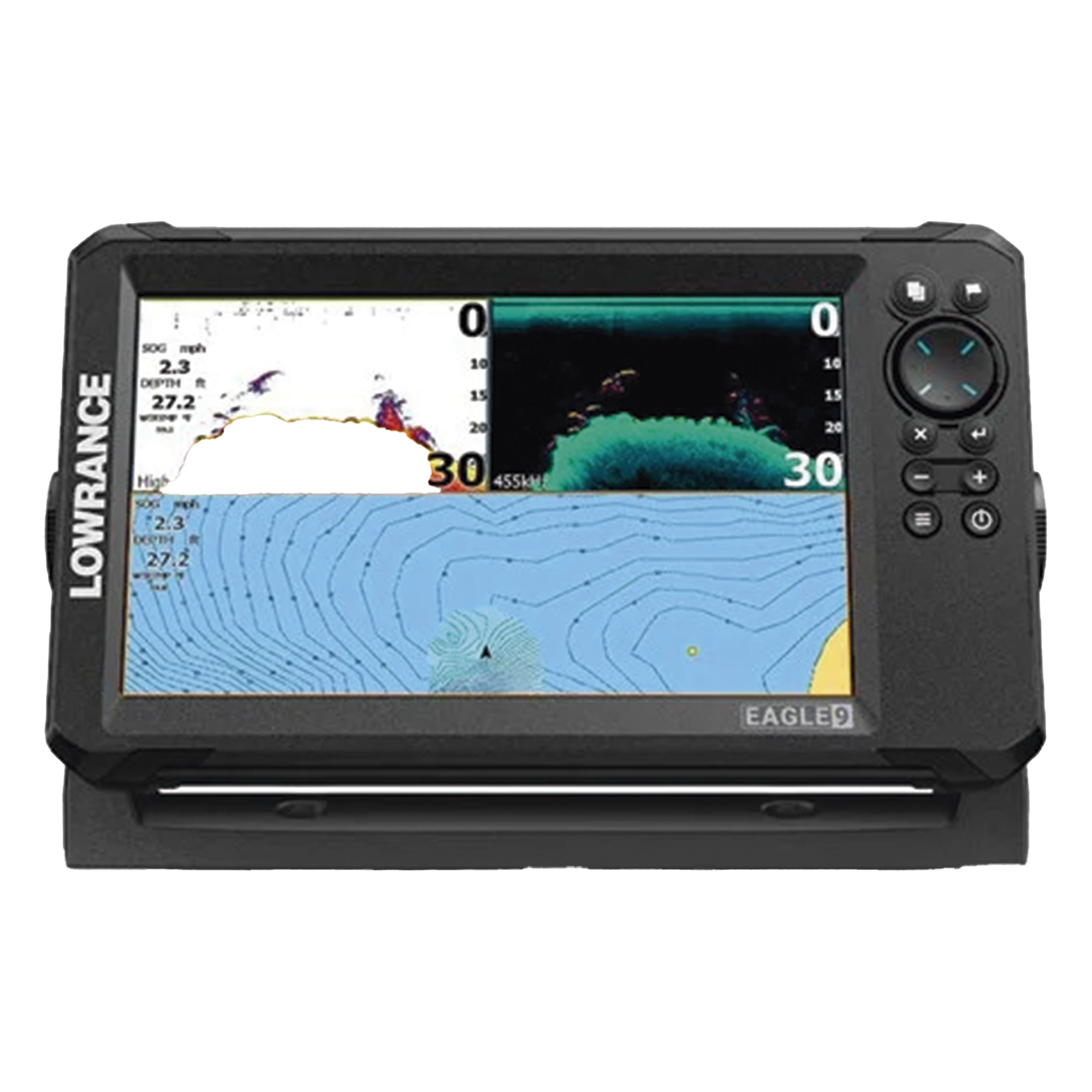 Ecosonda / Pantalla IPS 9 pulgadas / Transductor 50/200 kHz y 455/800 kHz / CHIRP y DownScan / C-MAP Discover — LOWRANCE · SKU 000-16124-001