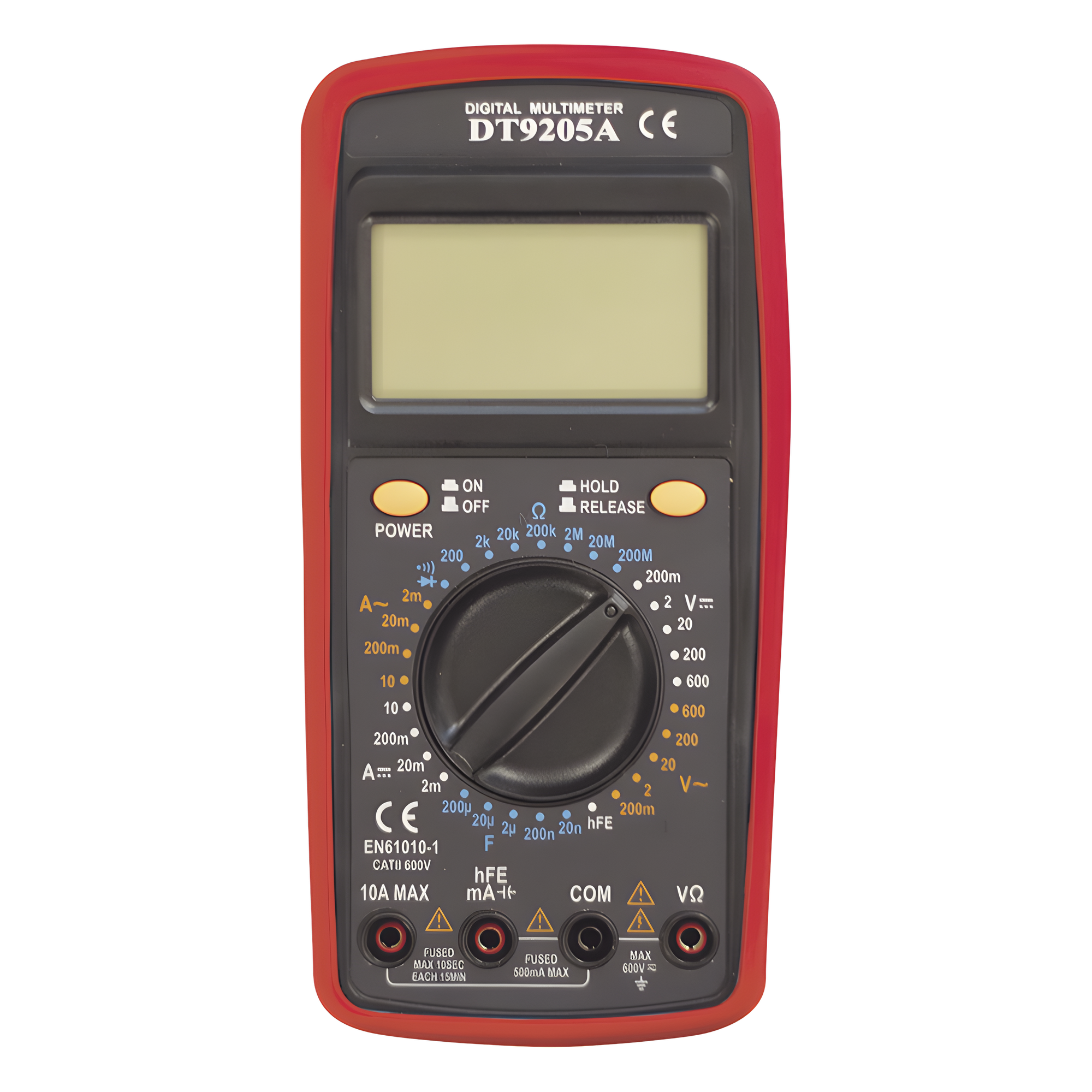 Multímetro Digital / 600 V CC/CA CAT II / 1999 Recuentos / LCD 67 x 42 mm / Corriente 10 A / Resistencia 200 MΩ / HFE Transistores — PRECISION · SKU DT9205A