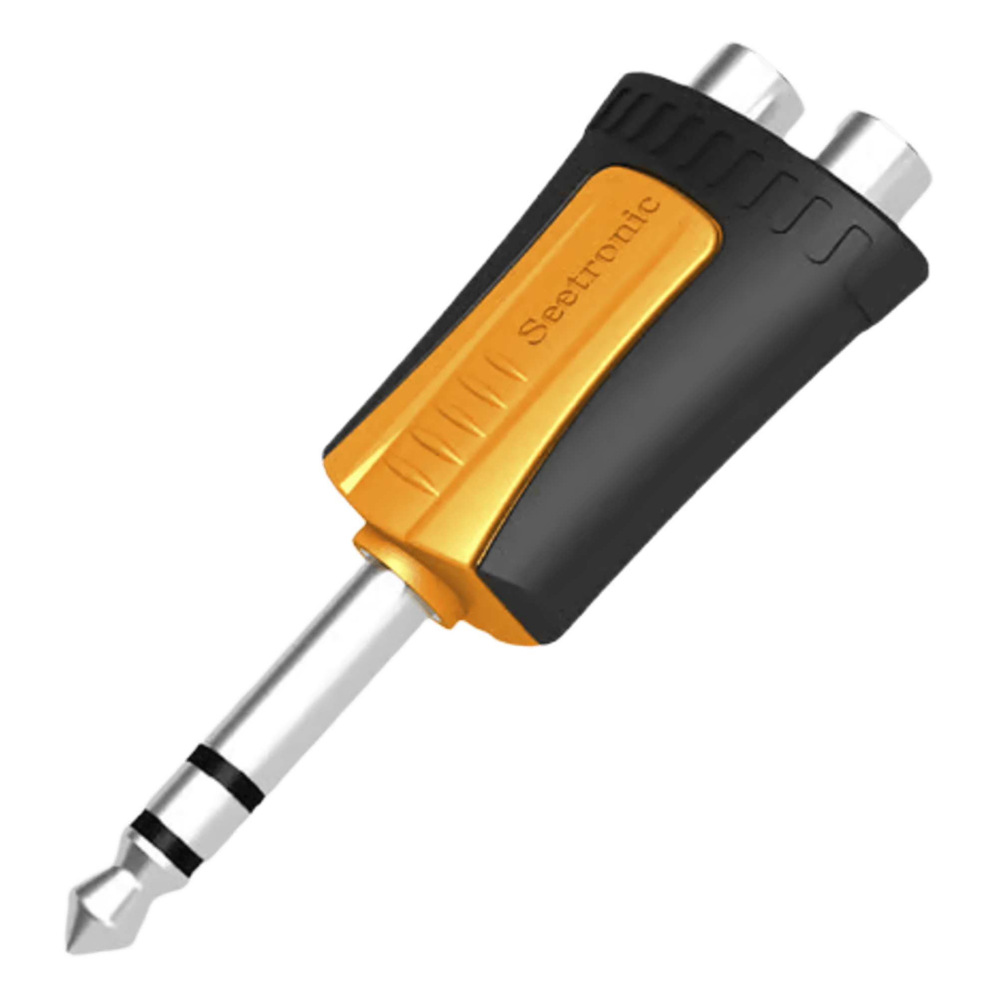 Adaptador de Audio Estéreo / Plug 1/4" (6.3 mm) a 2 x RCA Hembra / Carcasa Plástica / Precableado — SEETRONIC · SKU MP3-2RF