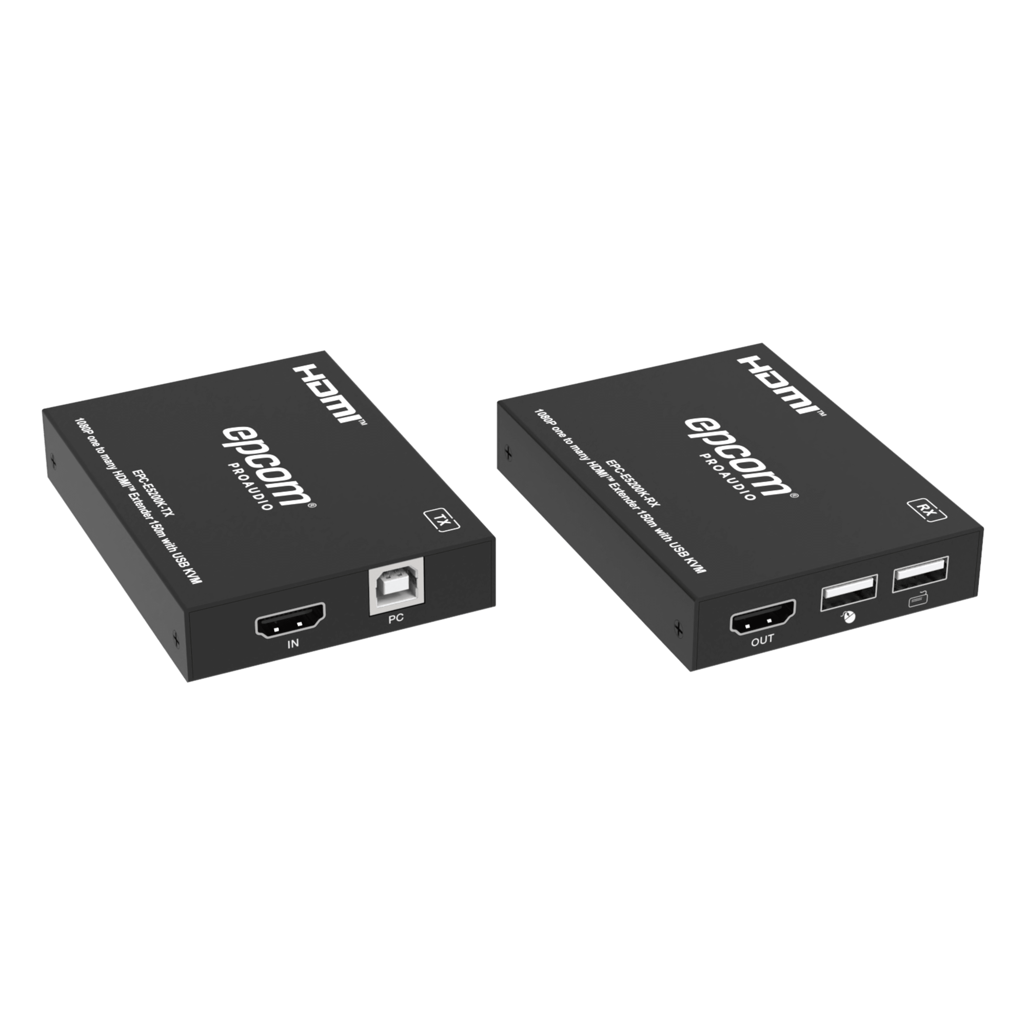 Extensor HDMI con KVM / 1080p@60Hz / H.265 / 150 m (492.1 ft) sobre Cat5e/6 / HDCP 1.4 / USB KVM / IR 20 Hz-60 kHz / Compatible Switch 1G — EPCOM PROAUDIO · SKU EPC-E5200K