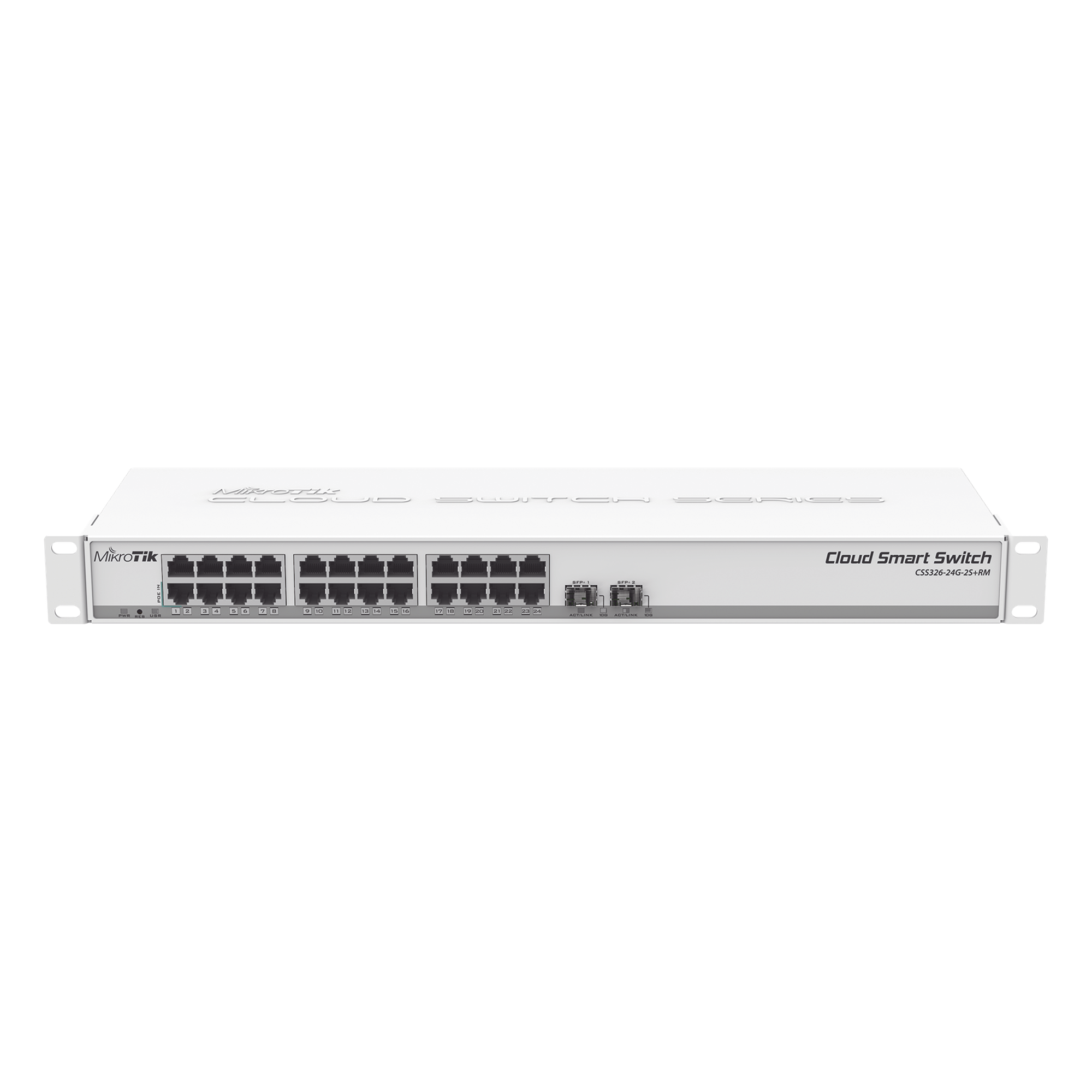 Cloud Smart Switch / 24 Puertos Gigabit / 2 Puertos SFP+ 10G / 1U Rackmount / -40°C a +70°C / 19W / 1.44 ft x 0.47 ft x 0.14 ft — MIKROTIK · SKU CSS326-24G-2S+RM