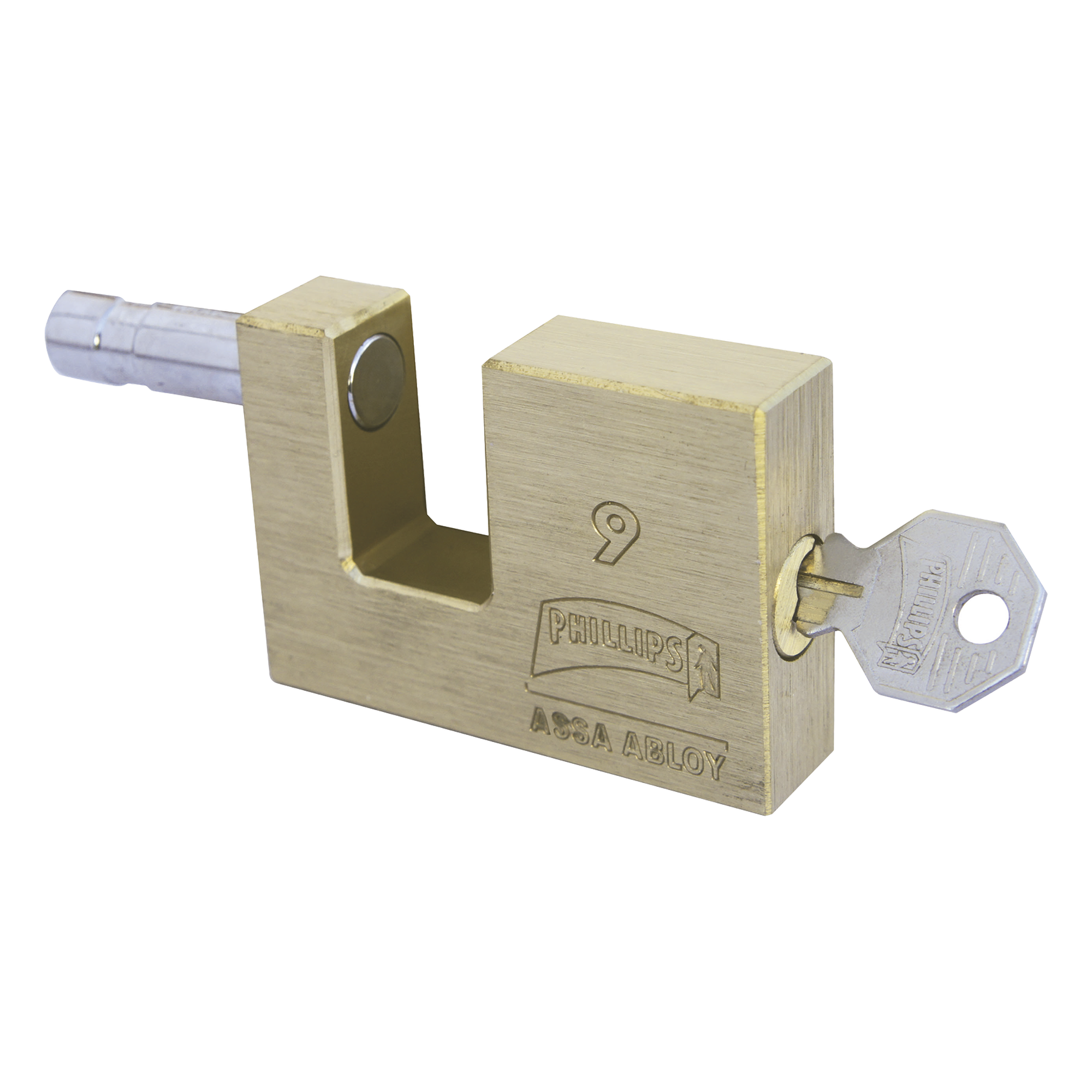 Candado para Cortina Metálica / Cuerpo de Latón Macizo / 5 Pernos de Combinación / Cerrojo de Balín / Acabado Cromo — PHILLIPS-ASSA ABLOY · SKU MX111