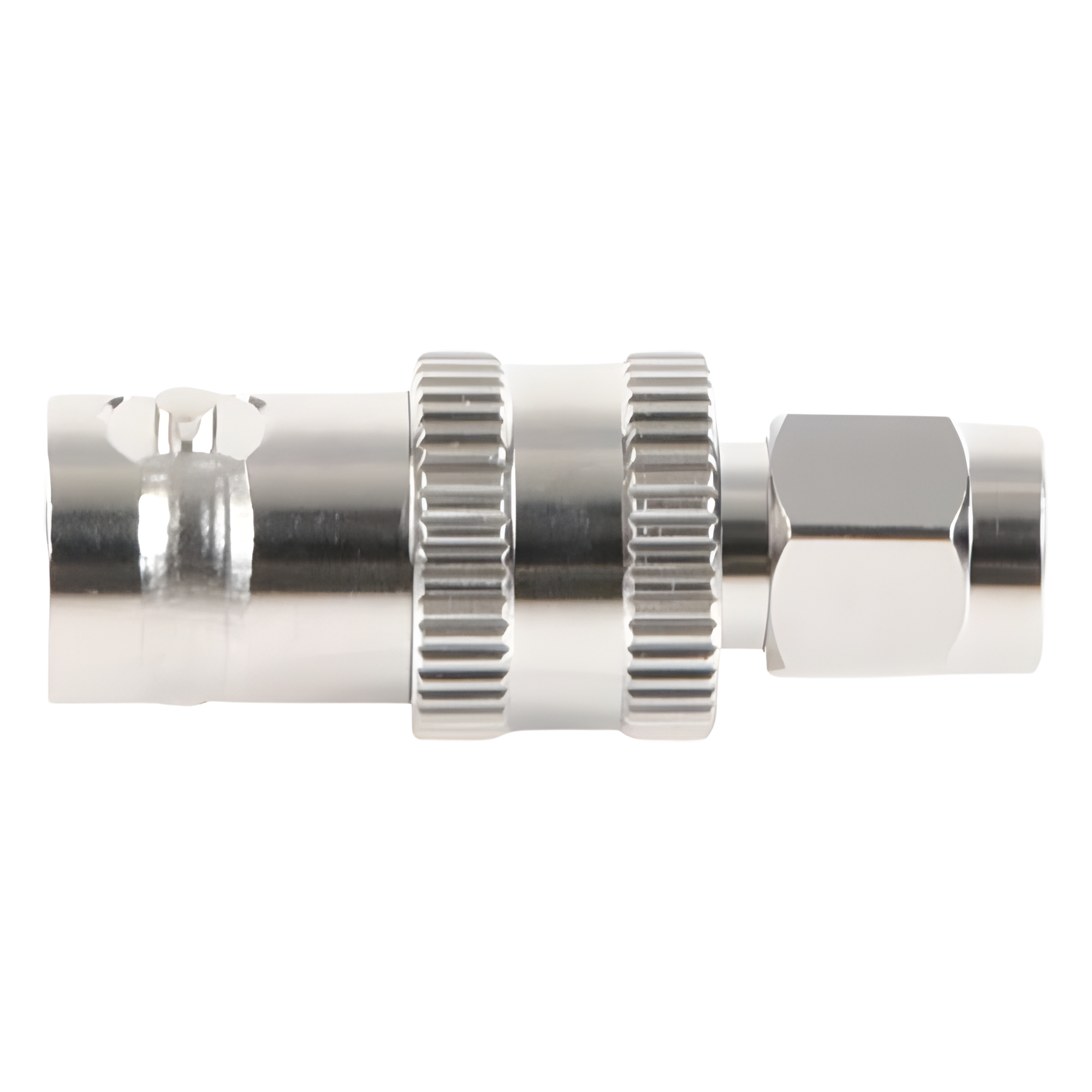 Adaptador RF Coaxial / SMA Macho a BNC Hembra / En Línea / Cuerpo Bronce Niquelado / Contacto Oro / Aislante Teflón