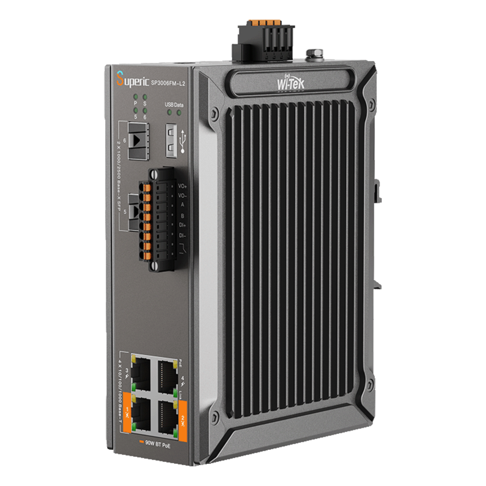 Switch Industrial Administrable / 4 Puertos PoE Gigabit / 2 Puertos SFP 2.5Gbps / PoE 120W / Sin Ventiladores / -40℃ a 75℃ (-40℉ to 167℉) — WI-TEK · SKU SP3006FM-L2