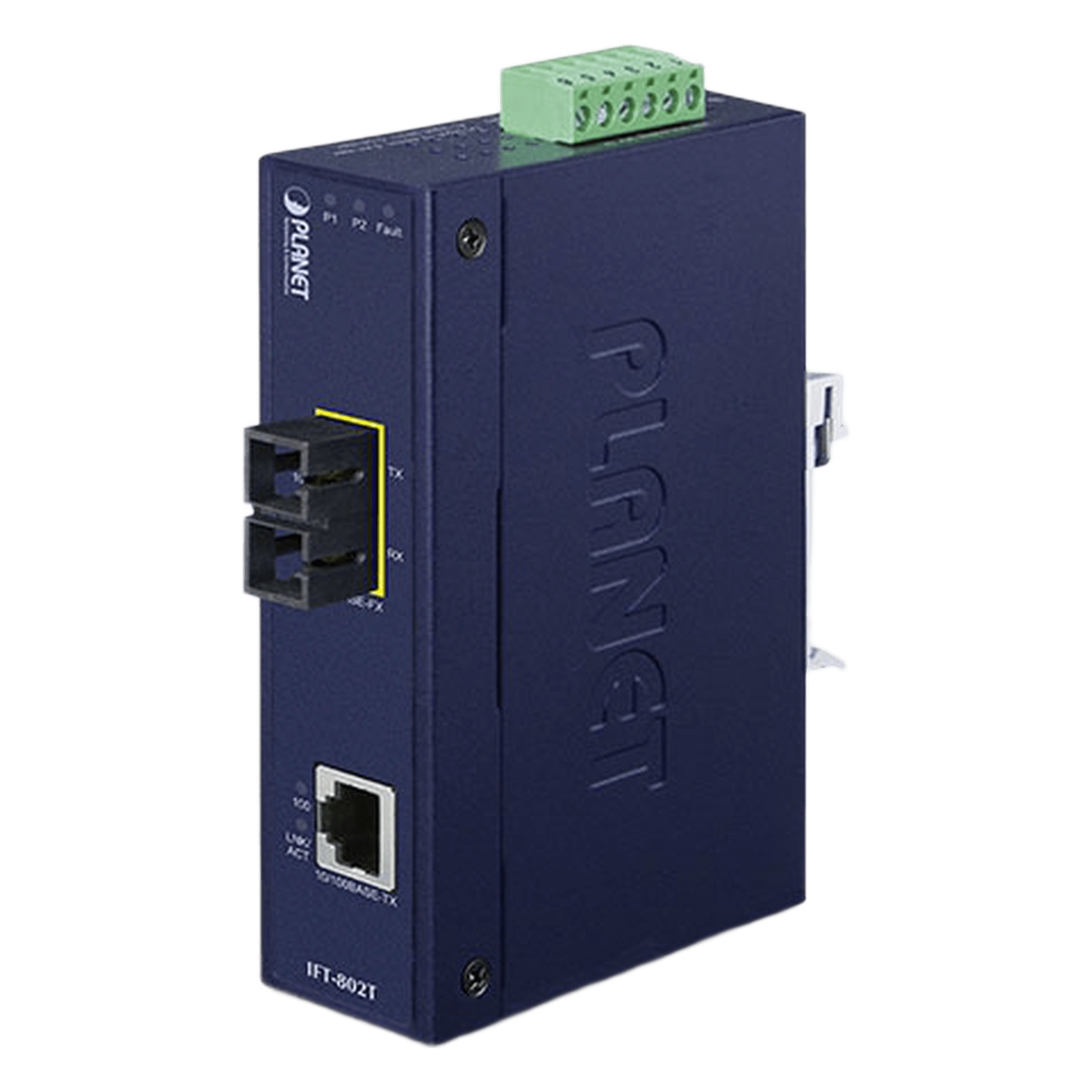 Convertidor de Medios Industrial / 10/100 Base-TX a 100 Base-FX / Multimodo SC / Alcance 2 km / IP30 / -40 a 75°C — PLANET · SKU IFT-802T