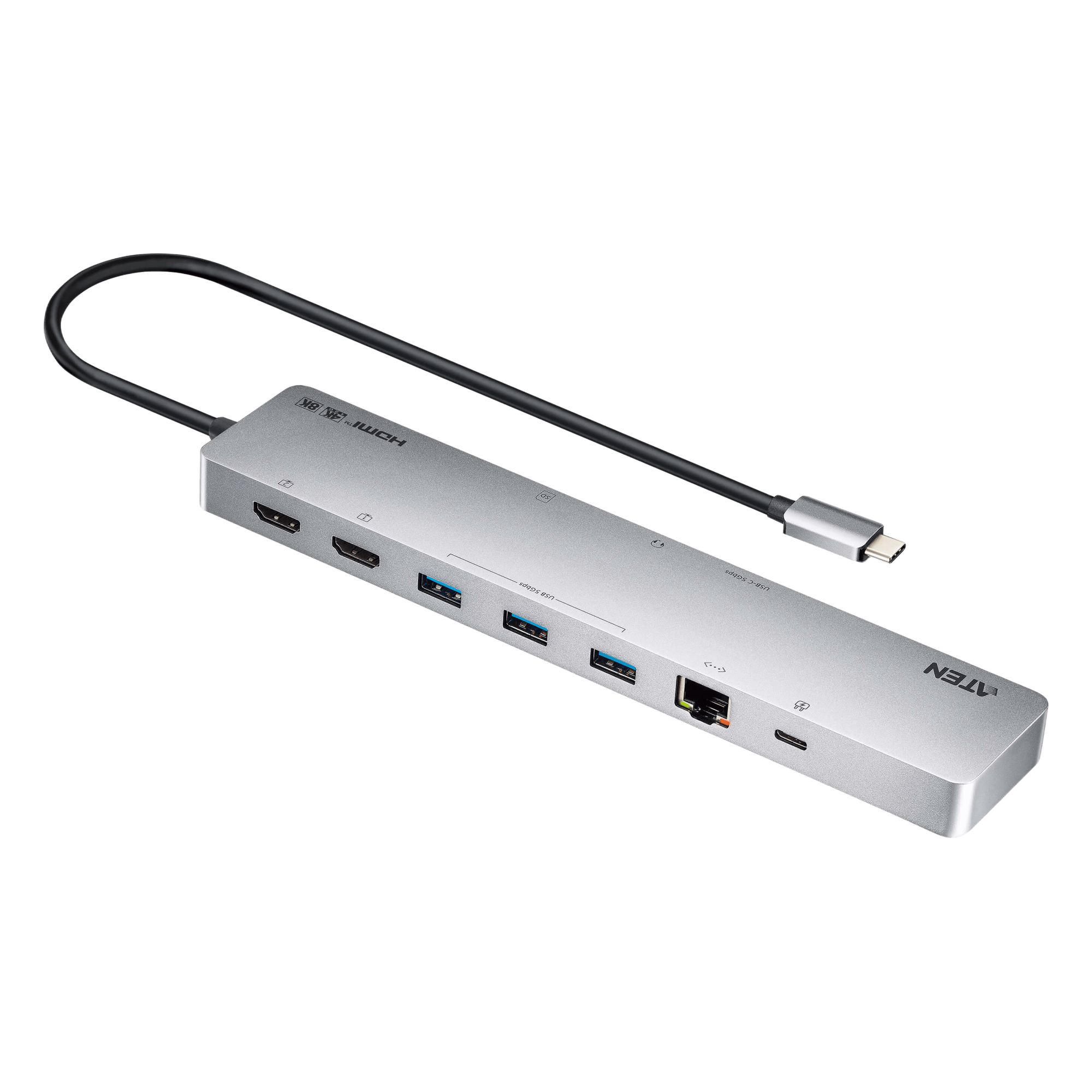Dock Multipuerto USB-C / 11 en 1 / 8K@120Hz Single o Dual 4K@60Hz / PD 100W / USB 3.2 Gen 1 / Ethernet Gigabit / SD MicroSD / Aluminio / 8.66x1.57x0.63 in — ATEN · SKU UH3240