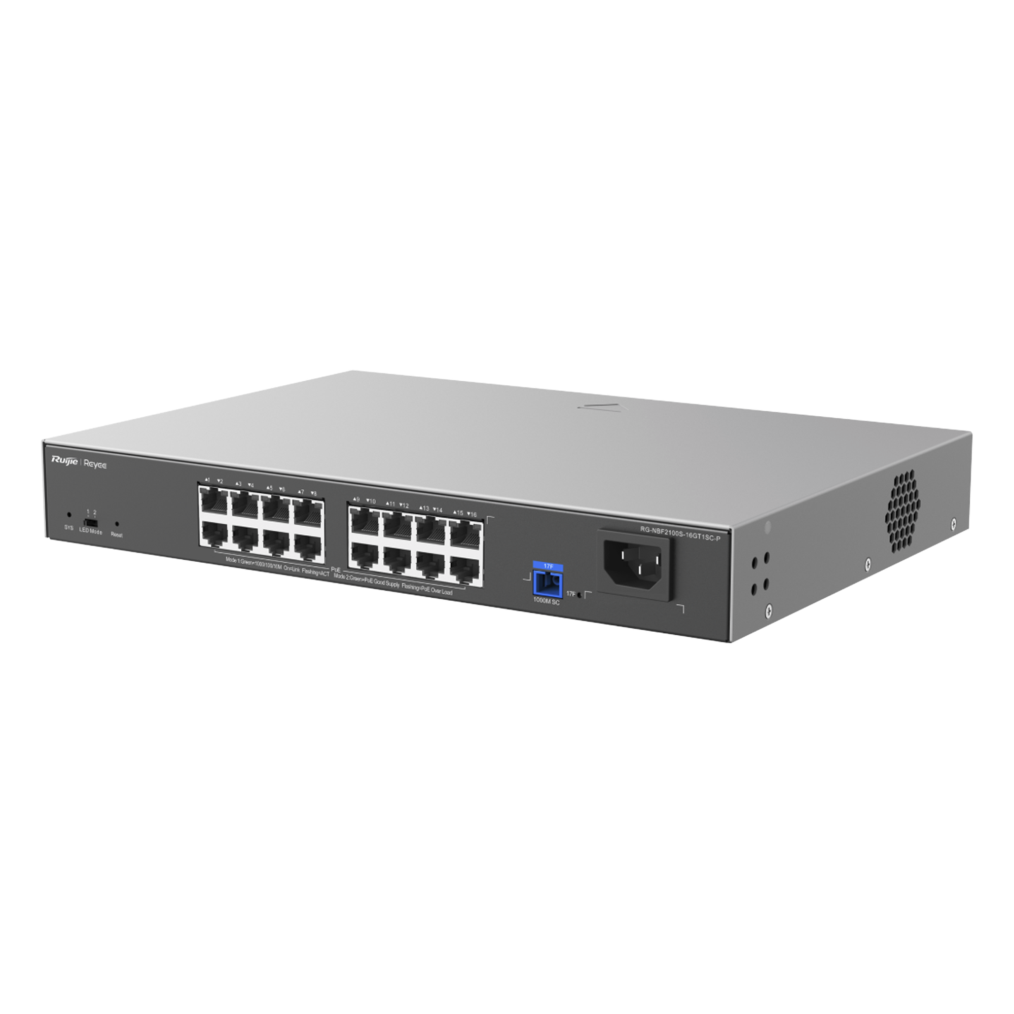 ONU/Switch PoE+ Híbrido Capa 2 / 16 Puertos 1000BASE-T / 1 Puerto PON 1G SC/UPC / 240W PoE+ / 34 Gbps / 6 kV Protección / 12.99 x 9.02 x 1.73 in. — RUIJIE · SKU RG-NBF2100S-16GT1SC-P