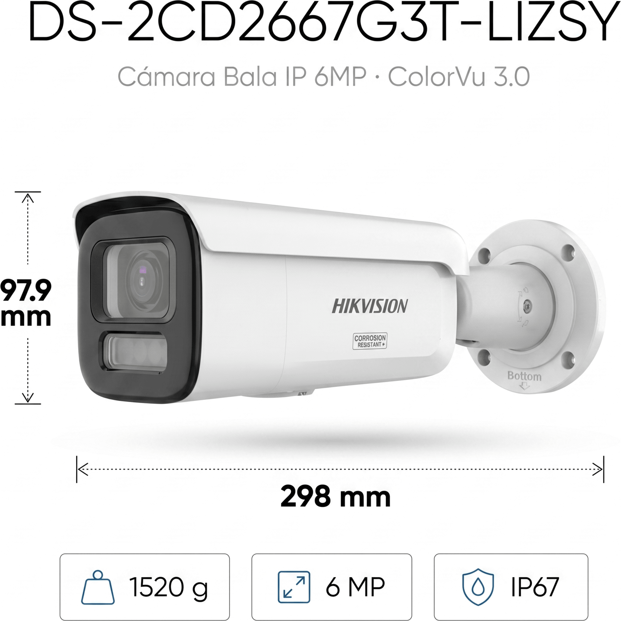 [Dual Light + ColorVu 3.0 + HikAI] Bala IP 6 Megapixel / Lente Mot. 2.8 a 12 mm / 60 mts IR + Luz Blanca / Exterior IP67 / WDR 130 dB / ACUSENSE 3.0 / Metal / NEMA 4X / ACUSEEK