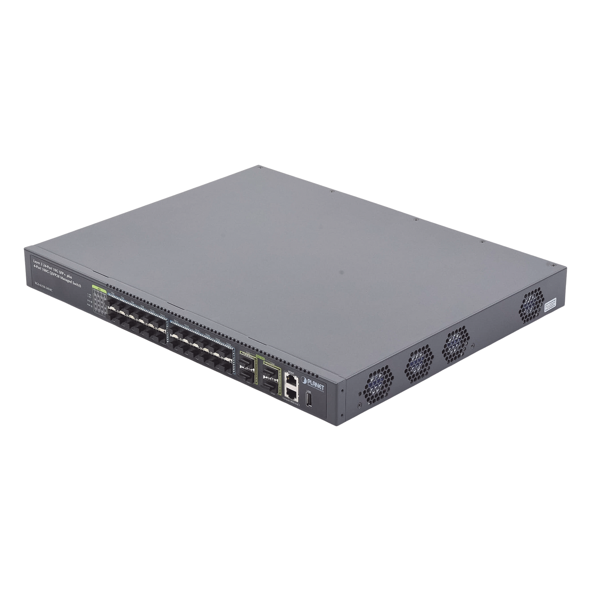 Switch Administrable Capa 3 / 24 Puertos 10G SFP+ / 4 Puertos 40G/100G QSFP28 / 800 Gbps Capacidad de Switching — PLANET · SKU XGS-6350-24X4C