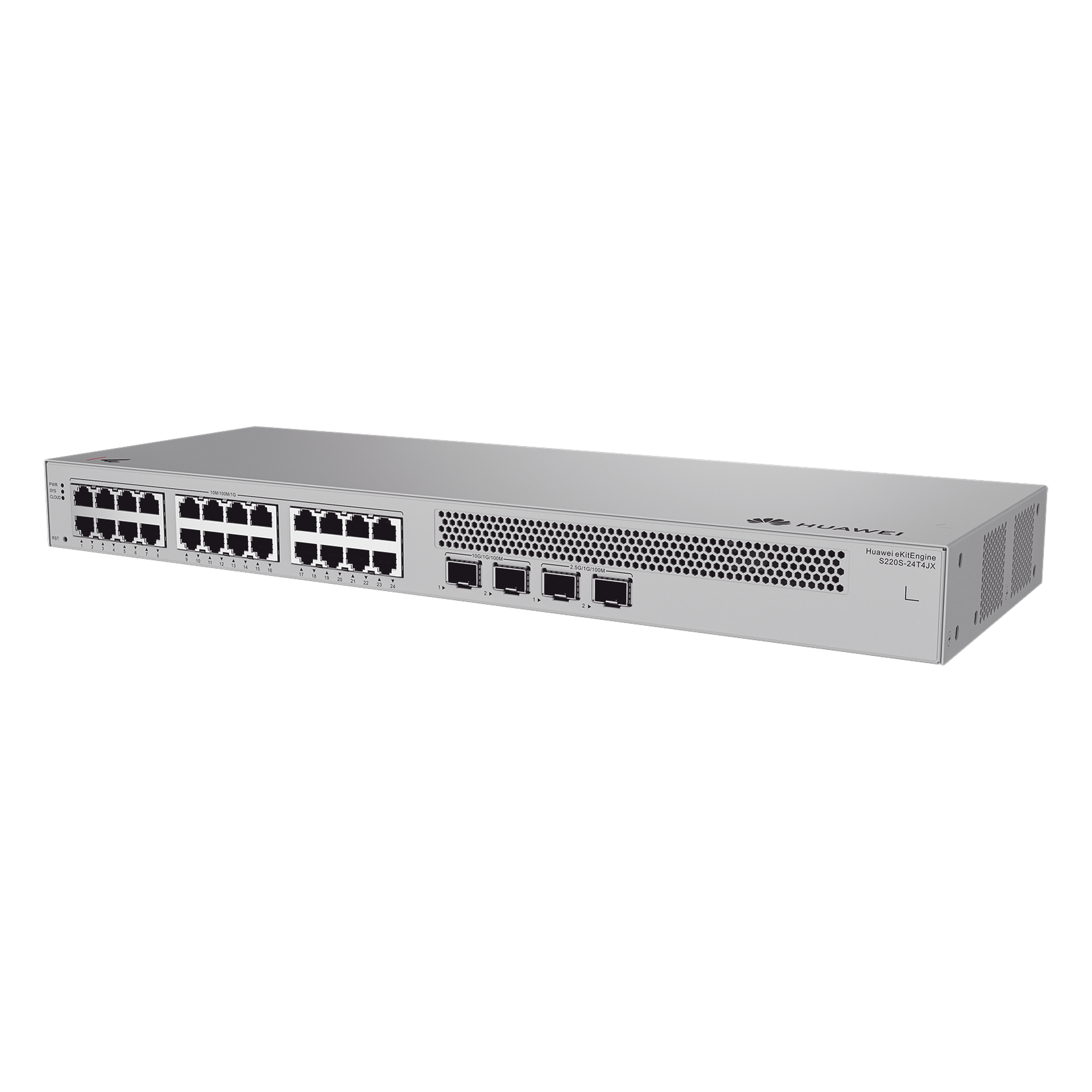 Switch Capa 2 Administrable / 24 Puertos Gigabit / 4 Puertos SFP+ 10GE / Capacidad 98 Gbps / Tasa Reenvío 73 Mpps / Gestión Web, App y Nube — HUAWEI · SKU S220S-24T4JX