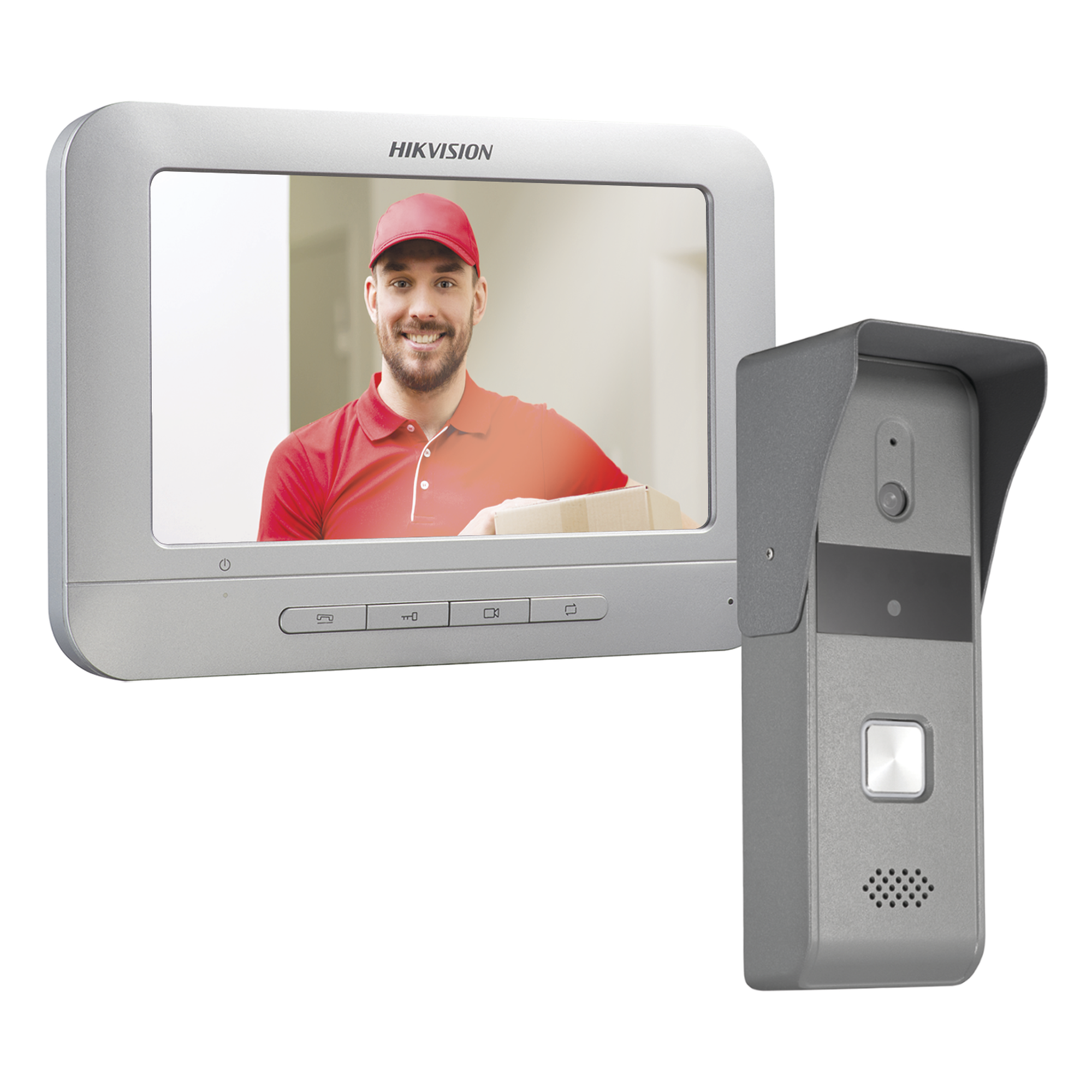 Kit de Videoportero Analógico / Pantalla LCD 7" / Resolución 800x400 / Cámara Pinhole 720x576 @ 30 fps / Ángulo 98° / IP65 / Expandible 3 Monitores y 2 Frentes de Calle — HIKVISION · SKU DS-KIS203-T