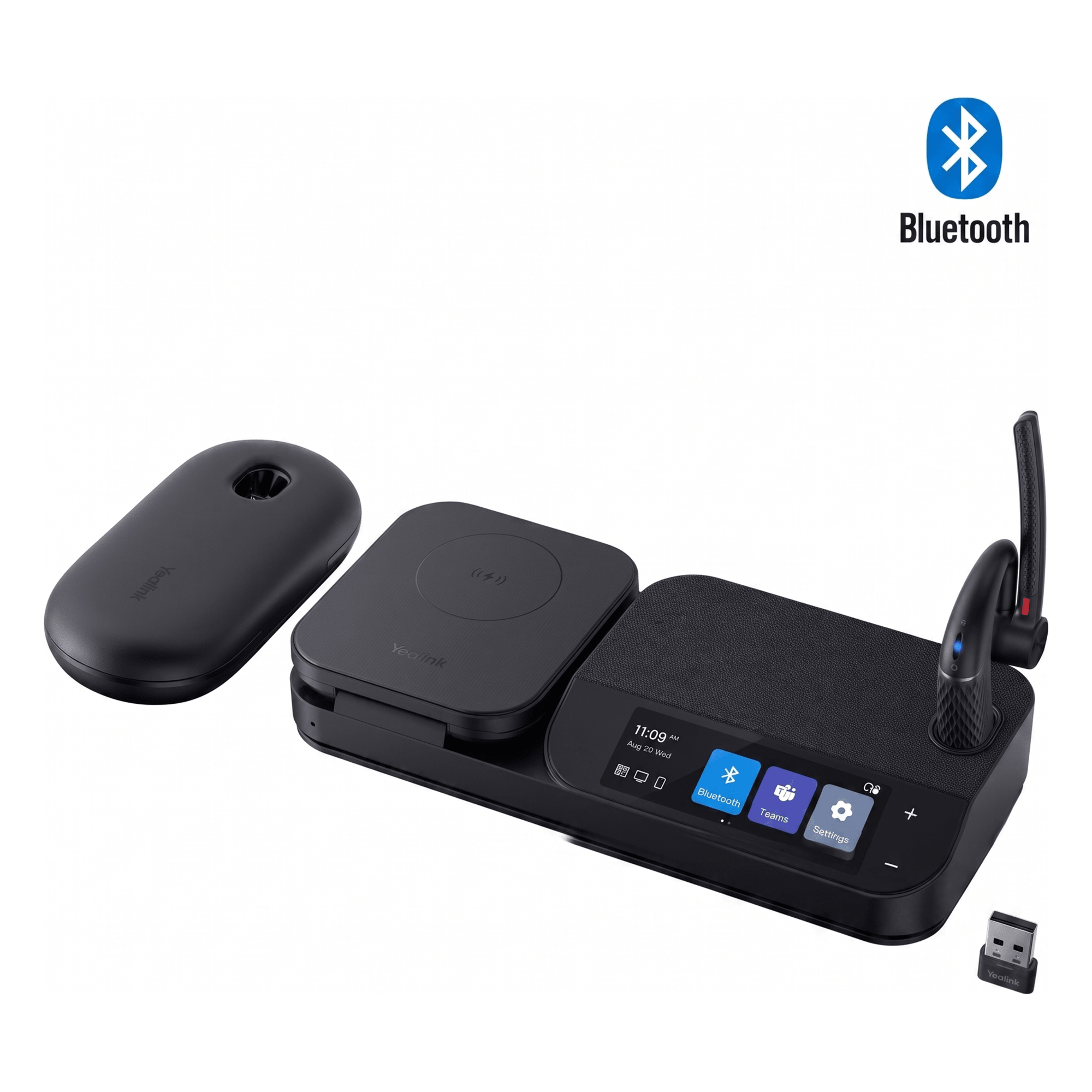 Auricular Bluetooth Mono / Cancelación de Ruido 4 Micrófonos / Autonomía 30 h / Pantalla Táctil 3" / Hub USB / Carga Inalámbrica Qi 15W — YEALINK · SKU BH71-WORKSTATION-PRO-USB-C/A