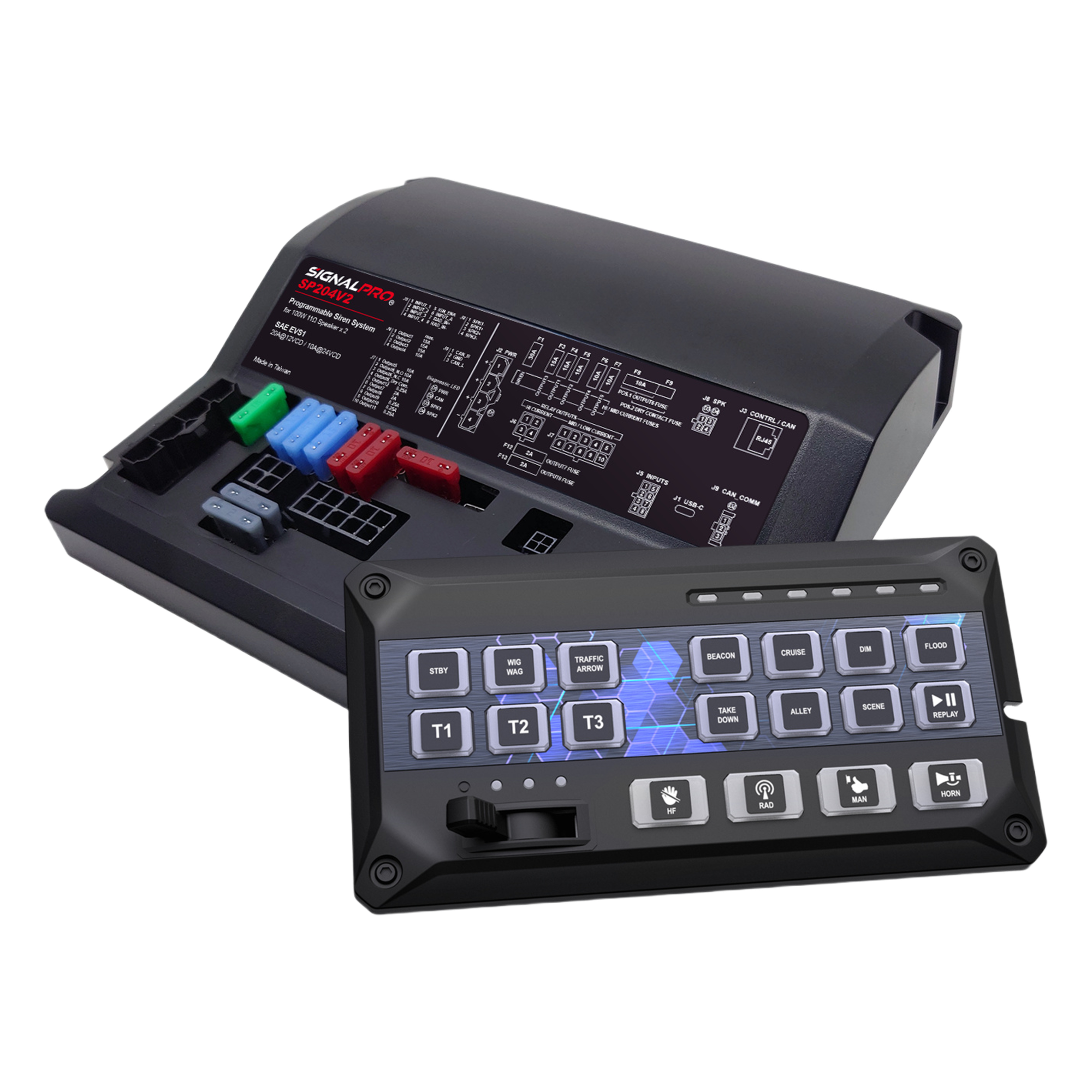 Sirena Vehicular / 200W / Amplificador Clase D / 19 Botones / 12 Salidas de Relé / USB Tipo C / Programable — SIGNALPRO · SKU SP204RV2
