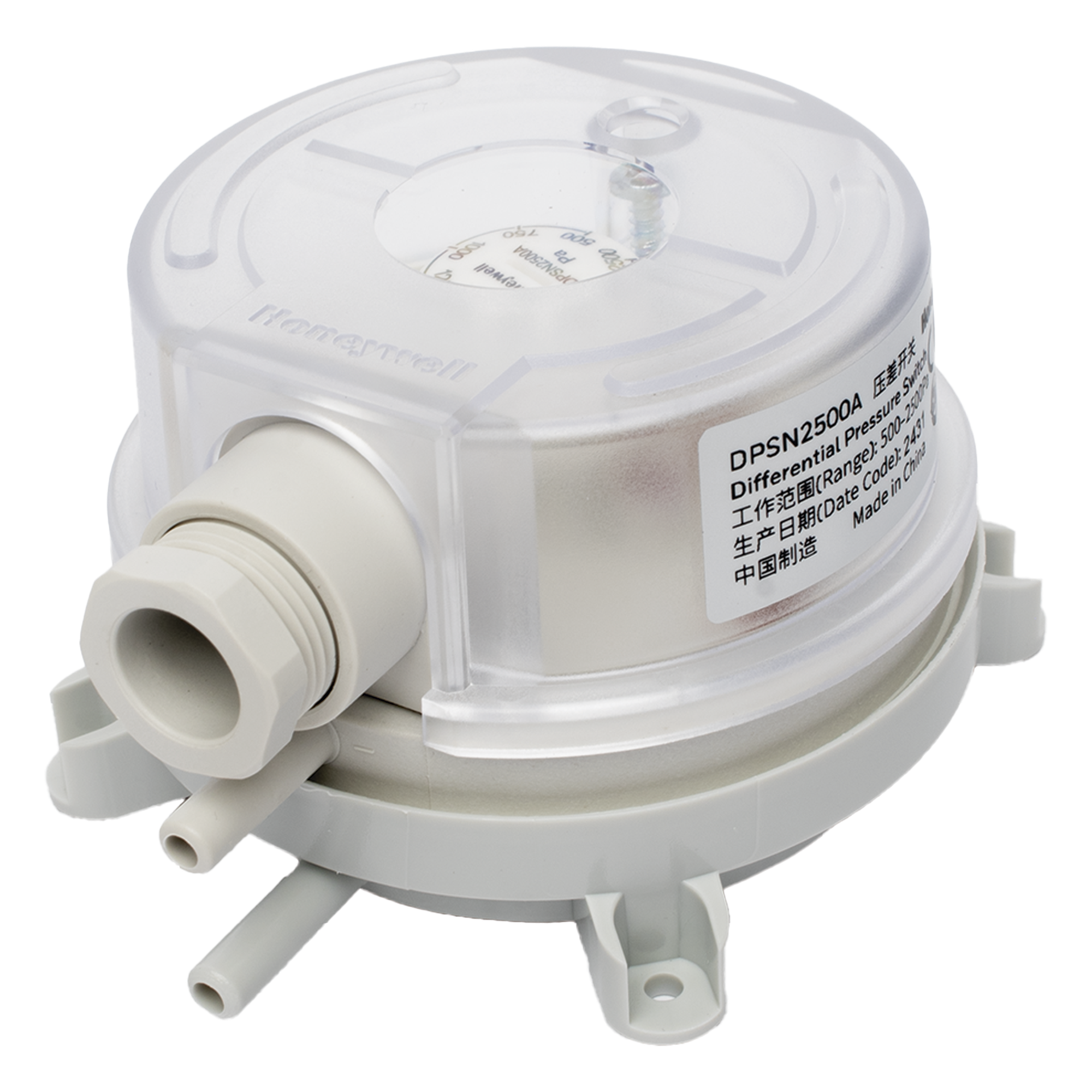 Presostato Diferencial de Aire / Rango Ajustable 500 a 2500 Pa / Contacto SPDT 1.5 A / IP54 / Incluye Manguera 2 m (6.6 ft) — HONEYWELL BMS · SKU DPSN2500A