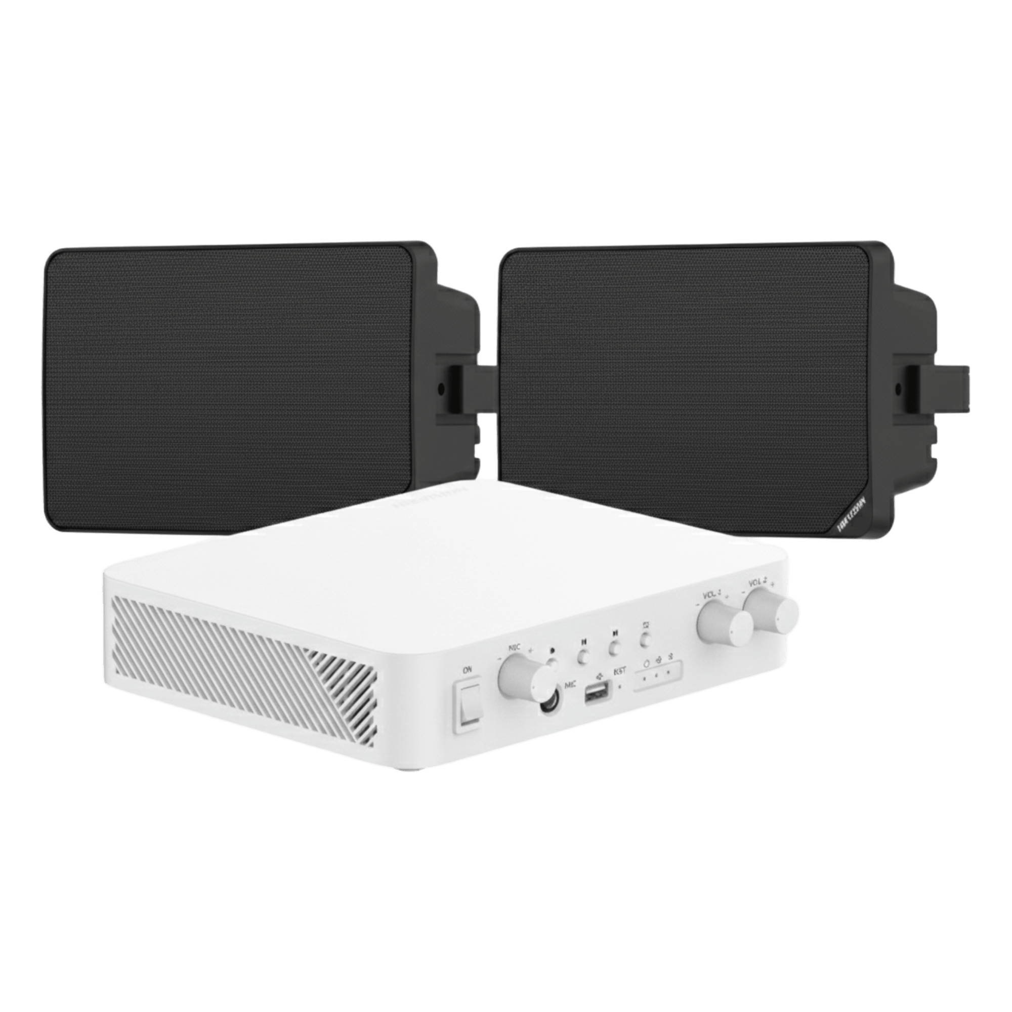 Kit de Audio IP / Amplificador 80W / 2 Altavoces de Pared / 2 Zonas 40W / Bluetooth / 70V/100V — HIKVISION · SKU DS-QAE-KIT-0120BG