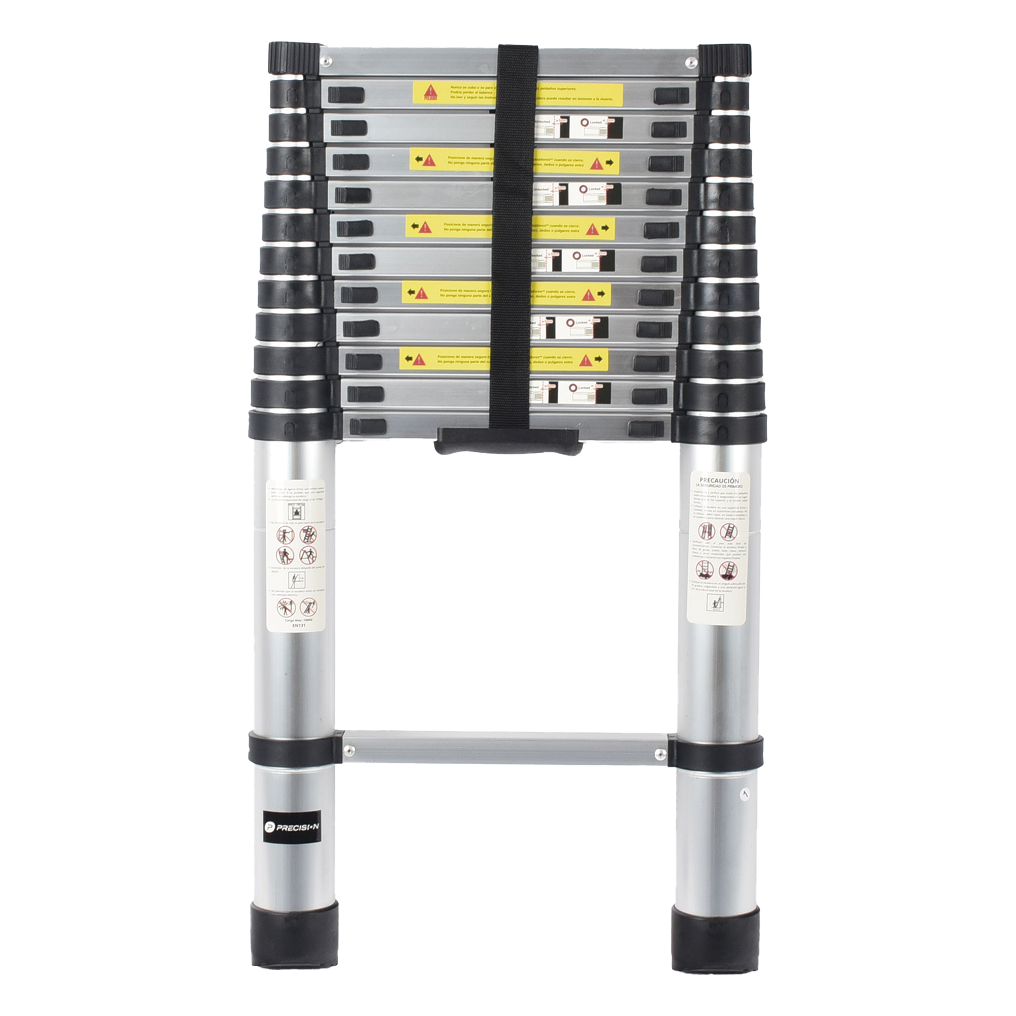 Escalera Telescópica / Aluminio / Altura 3.8 m (12.5 ft) / Carga 150 kg / Plegable 85 cm (2.8 ft) / 13 kg — PRECISION · SKU PST-H10-001