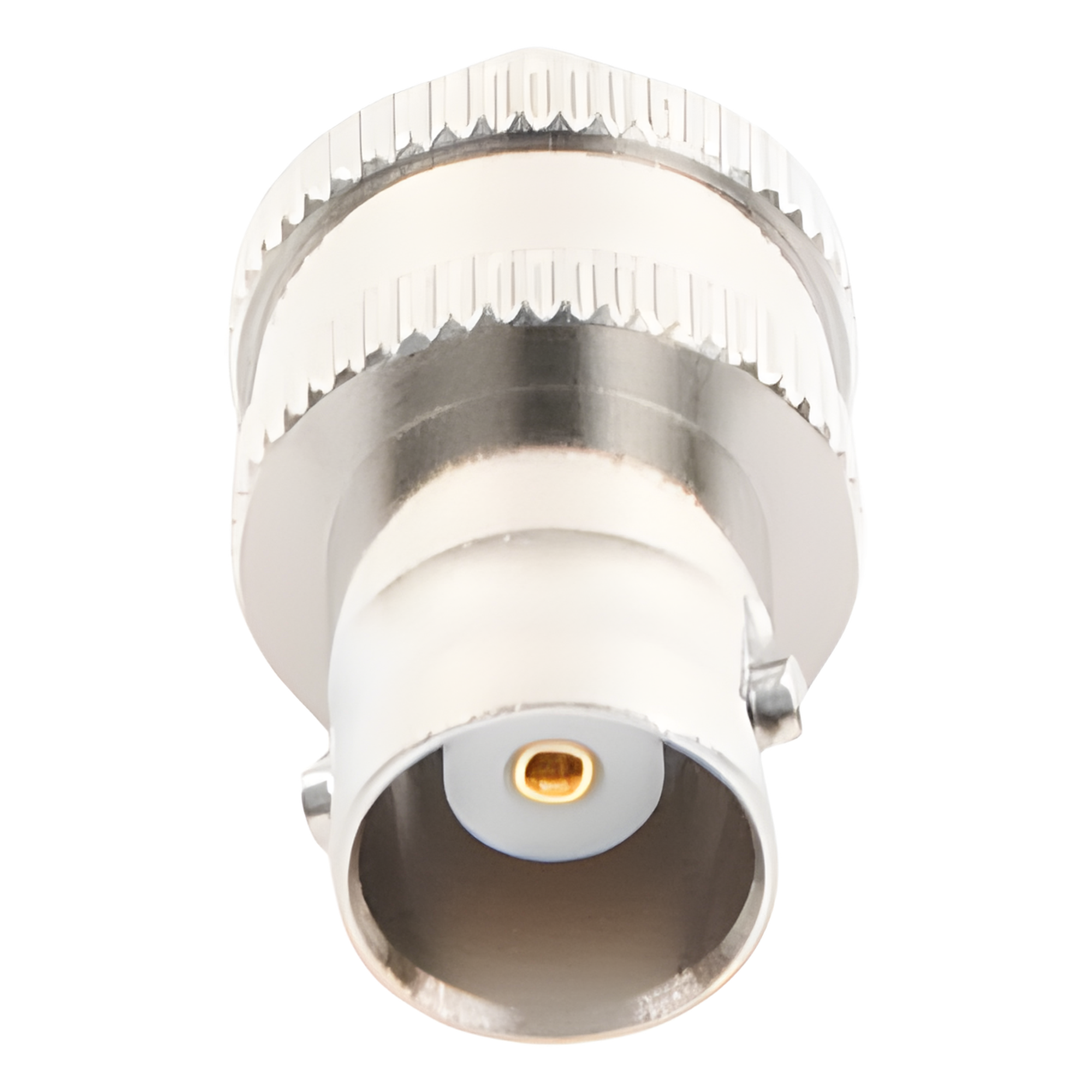 Adaptador de Conector RF / BNC Hembra a SMA Hembra / Montaje en Línea / Cuerpo Niquelado / Contacto de Oro / Aislante de Teflón