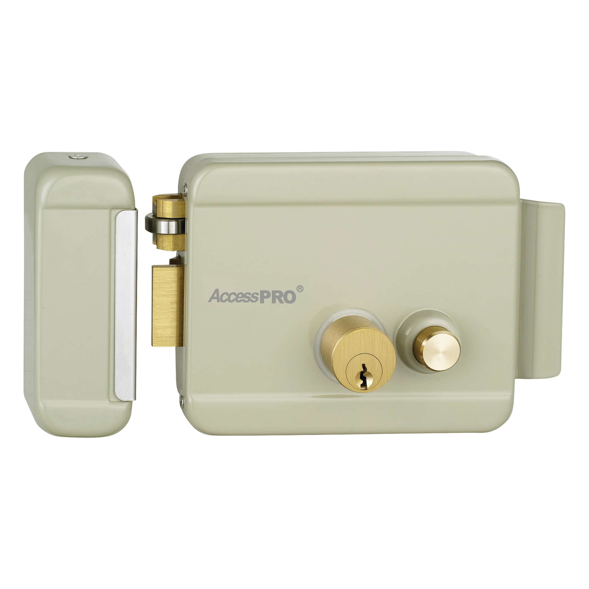 Cerradura Eléctrica con Botón de Salida / Doble Cerrojo / 12 VCA 2.5 A / Pulsos de 2 Seg / Exterior Izquierda — ACCESSPRO · SKU ACCESSRIMBL