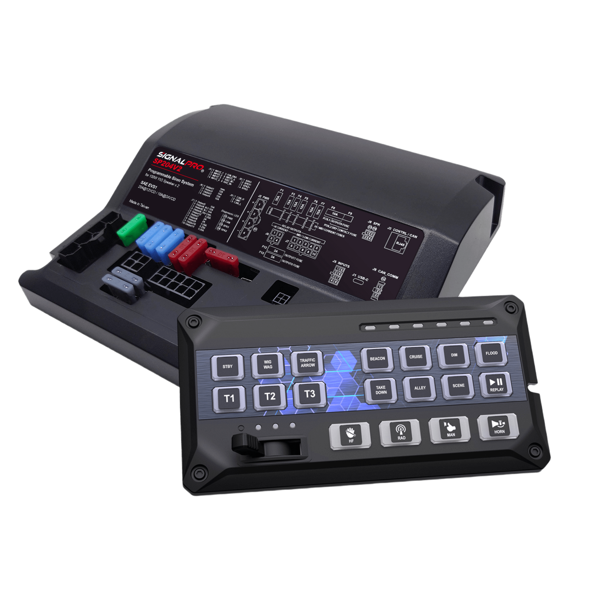 Sirena Vehicular de 200W de Potencia, Programable, Con Controlador de Panel Deslizante de 19 botones, indicador de flecha de tráfico de 6 LED, 12 Salidas Auxiliares