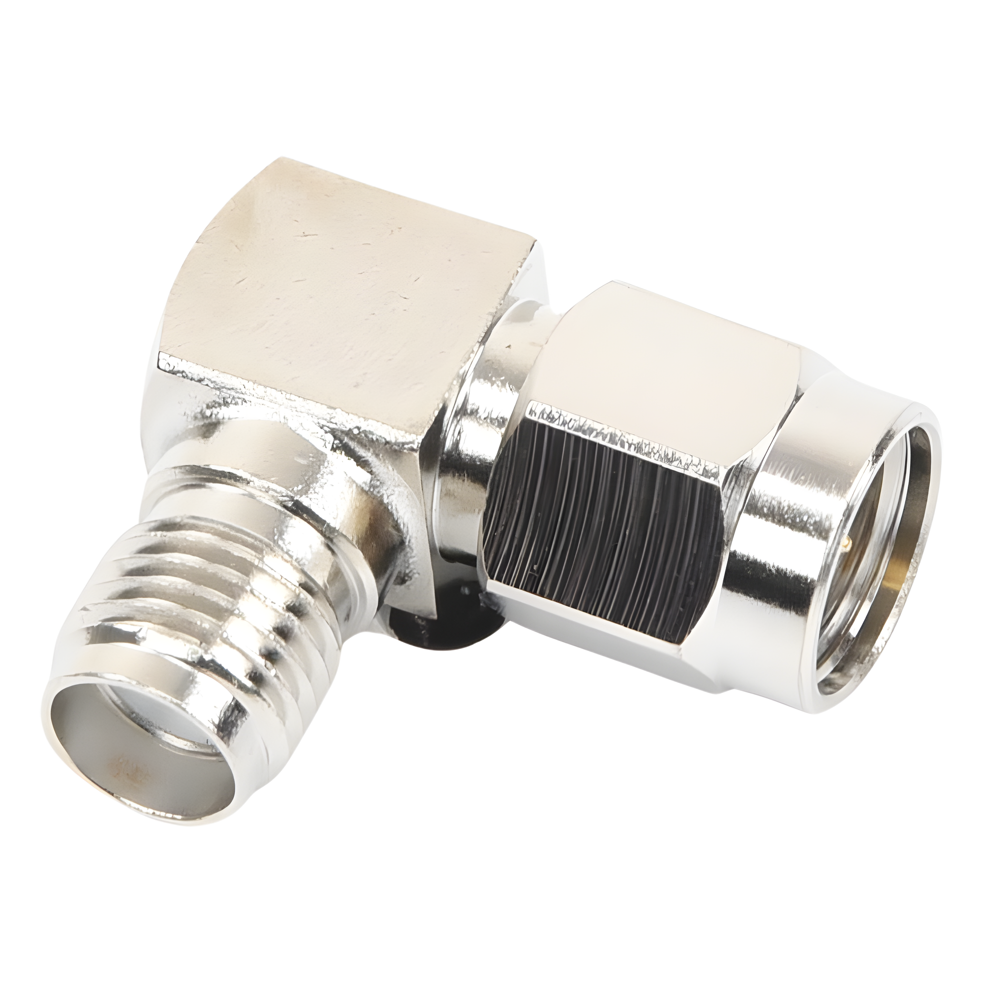 Adaptador RF Coaxial / Ángulo Recto / SMA Macho a SMA Hembra / Cuerpo Bronce Niquelado / Contacto Oro / Aislante Teflón