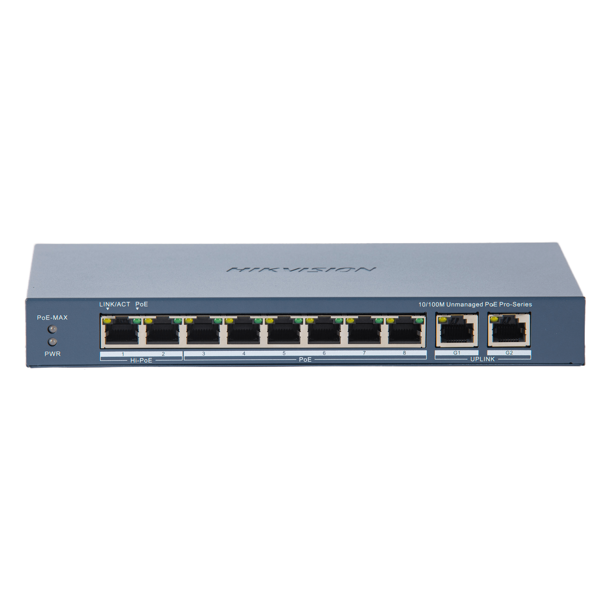 Switch PoE+ / 7 Puertos 10/100 Mbps 30W / 1 Puerto Hi-PoE 90W / 2 Uplink Gigabit / Alcance Extendido 300 m (984 pies) / 110 W Total — HIKVISION · SKU DS-3E0310HP-E(C)