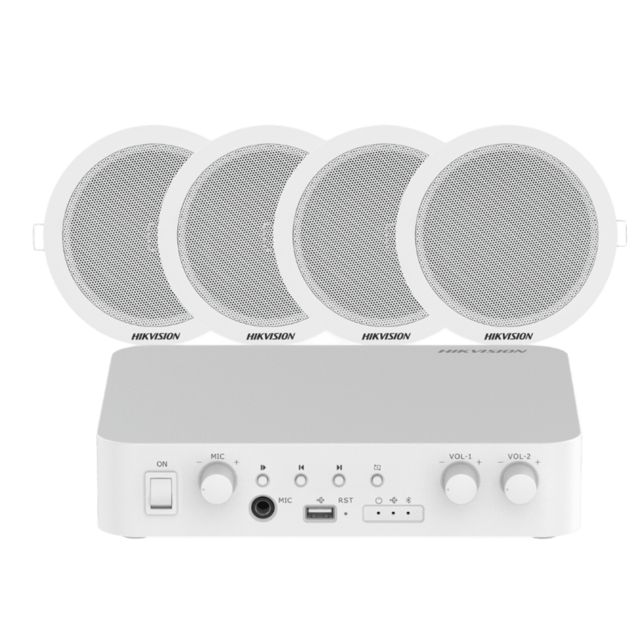 Sistema de Audio Ambiental / Amplificador 80W / 2 Zonas 40W / 4 Altavoces de Plafón / Bluetooth / USB / RCA / Micrófono / Spotify / 100V — HIKVISION · SKU DSQAEKIT0206/ST