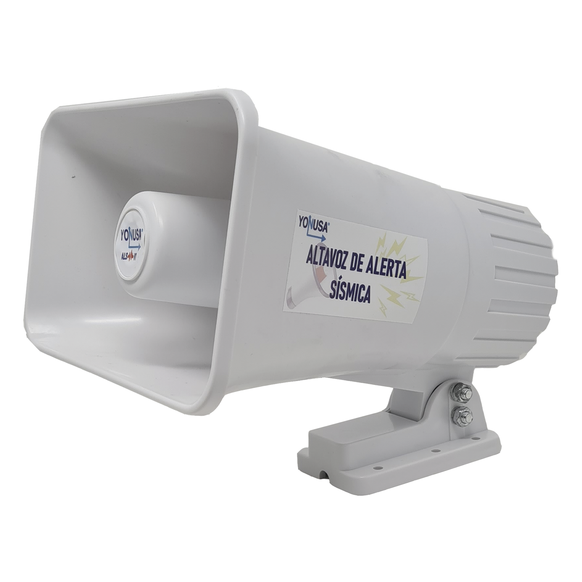 Sirena de Alertamiento Sísmico / Emisión Oficial 150 s / Alcance 25 m (82 ft) / Potencia 30 W / Compatible Módulos YASWIFI y YASMOD / Alimentación 12-14 VDC — YONUSA · SKU YAS-SIR