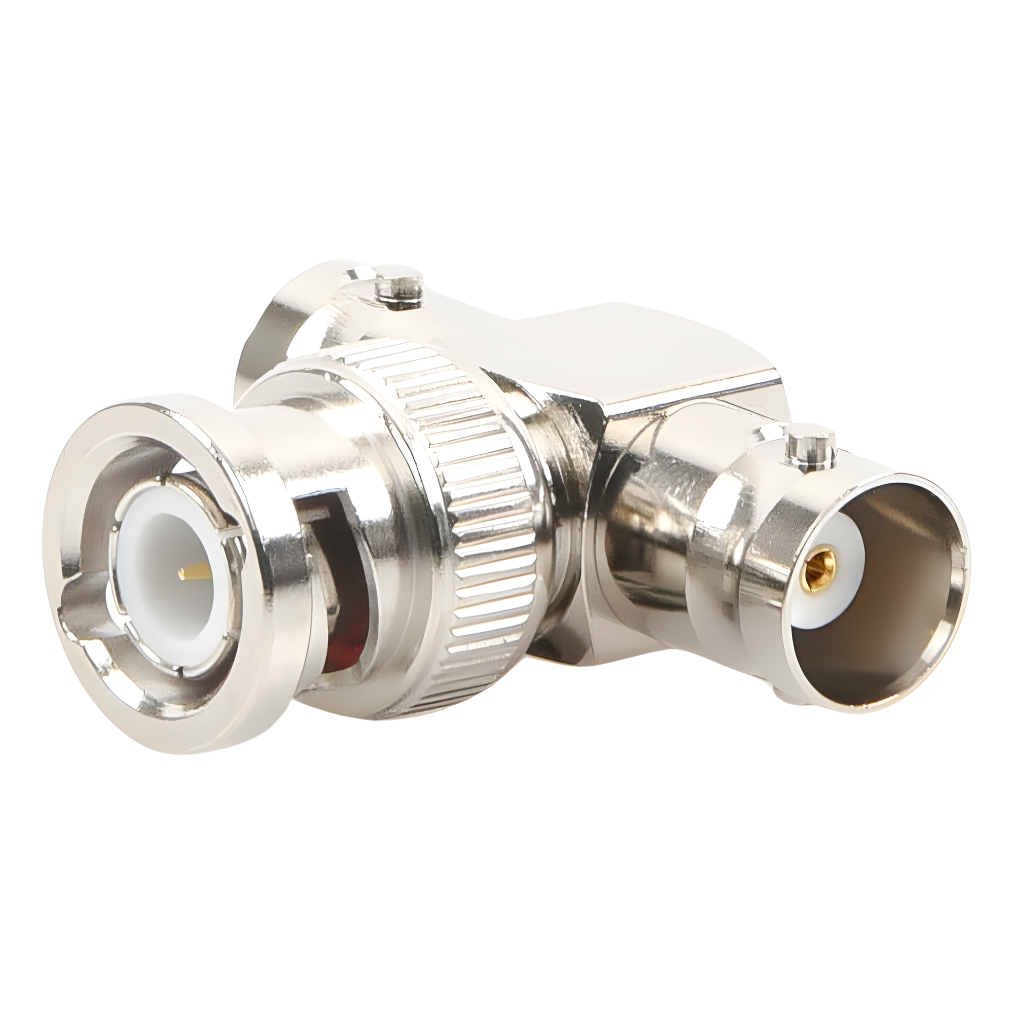 Adaptador RF en T / BNC Macho a Doble BNC Hembra / 50 Ohm / Cuerpo Niquelado / Contacto Oro / Aislante Teflón