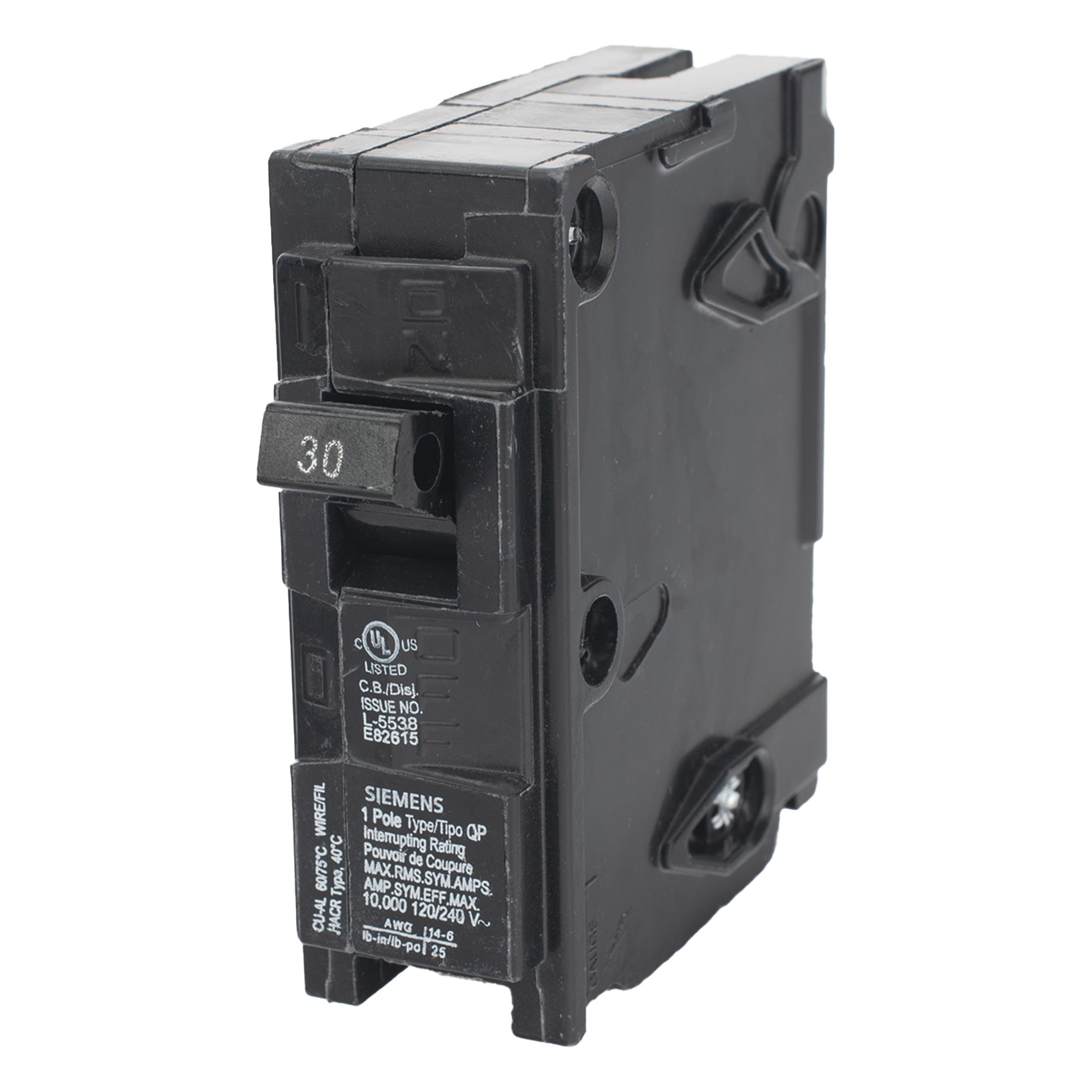 Interruptor Automático Enchufable / 1 Polo / 30A / 10 kA / 120V / UL 489 / 1 x 3 in (25.4 x 76.2 mm) — SIEMENS · SKU Q130