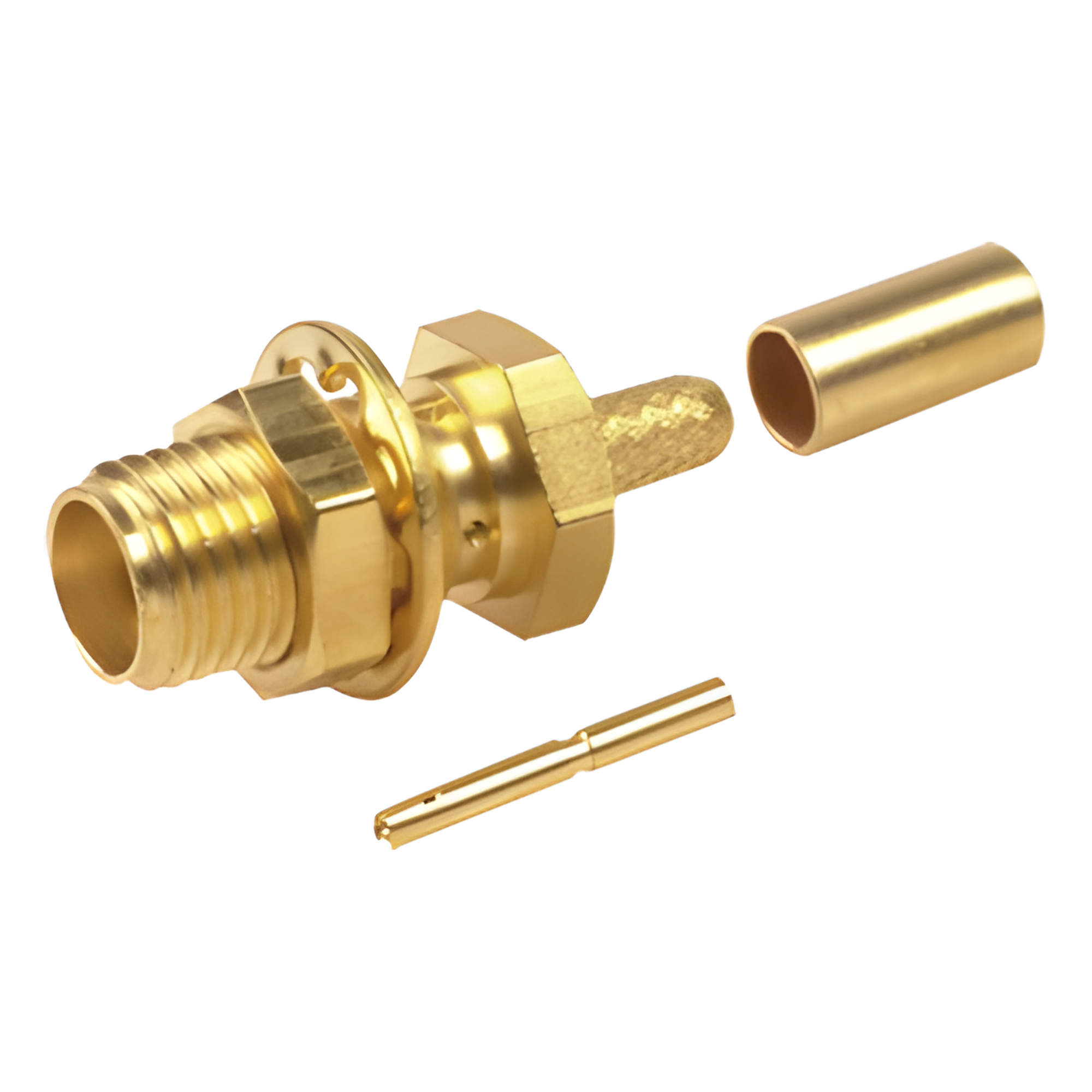 Conector SMA Hembra / Chasis D-Plano / Anillo Plegable RG-174/U / Cuerpo Oro / Aislante Teflón — RF INDUSTRIES,LTD · SKU RSA-3252-1B