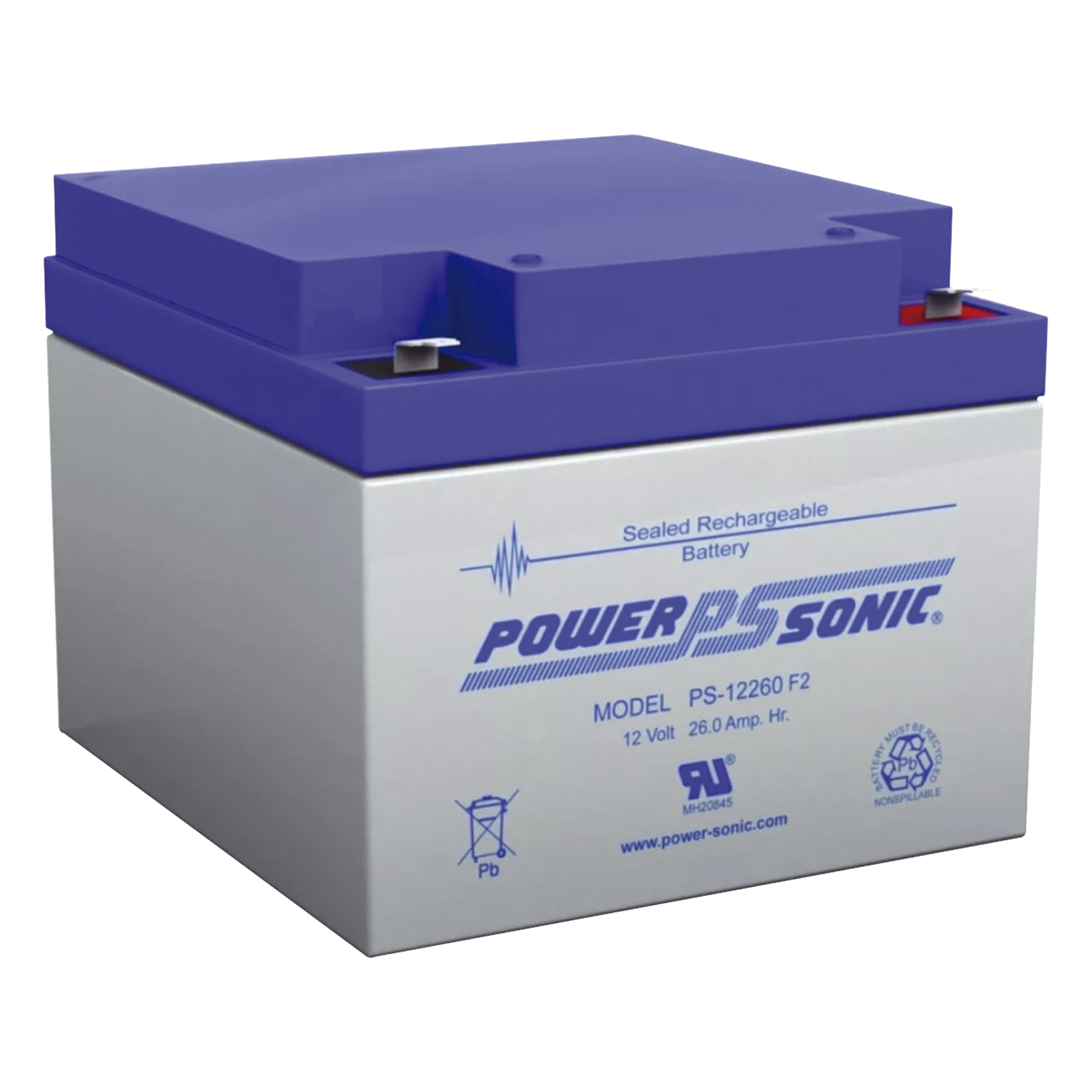 Batería de Respaldo AGM/VRLA / 12V / 26Ah / Terminales F2 / 5 Años Vida Útil / UL Reconocida — POWER SONIC · SKU PS-12260-F2