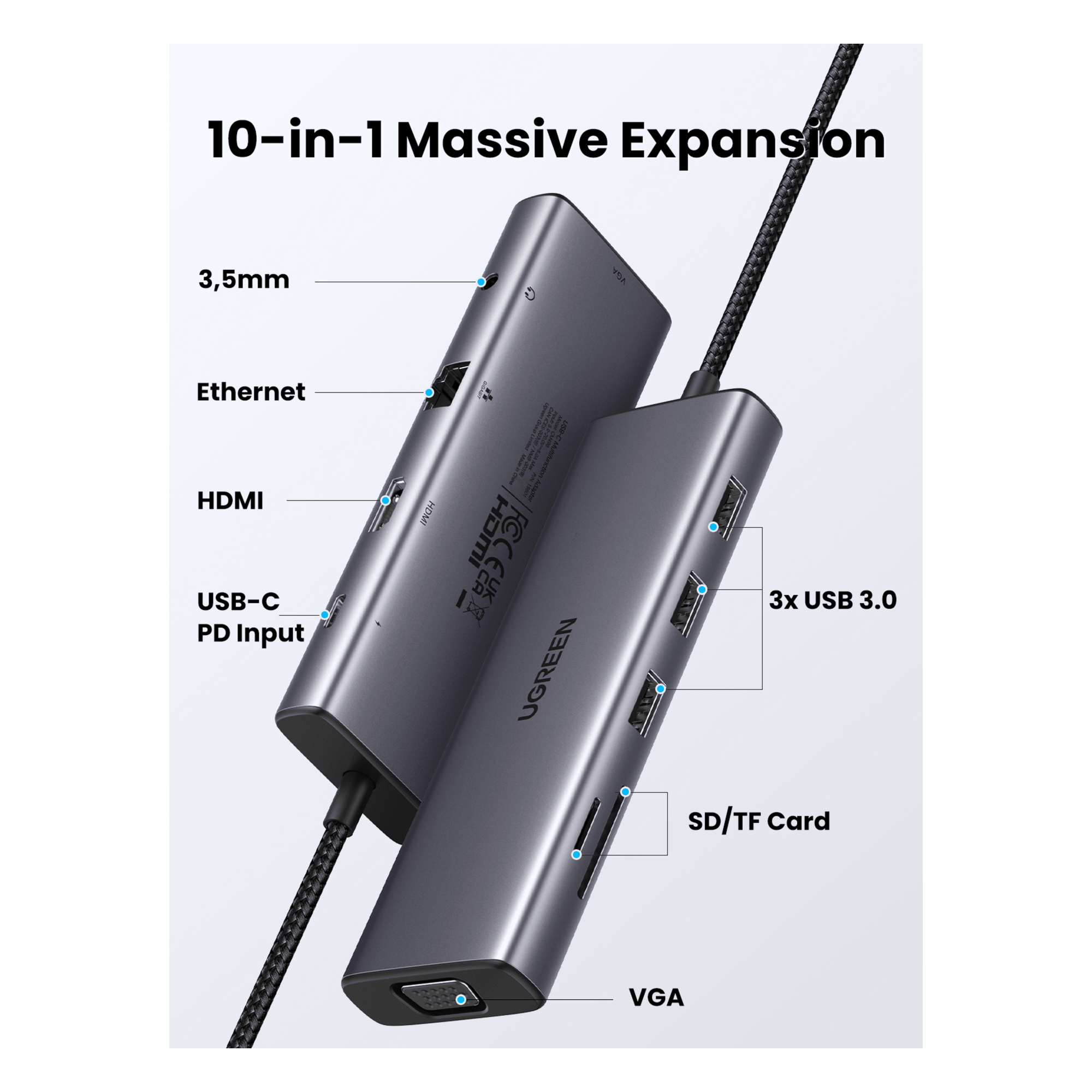 Hub USB-C / 10 en 1 / HDMI 4K@30Hz / VGA 1920x1200 / 3x USB 3.0 5Gbps / Ethernet Gigabit / SD/TF / PD 100W / Audio 3.5mm / Aluminio