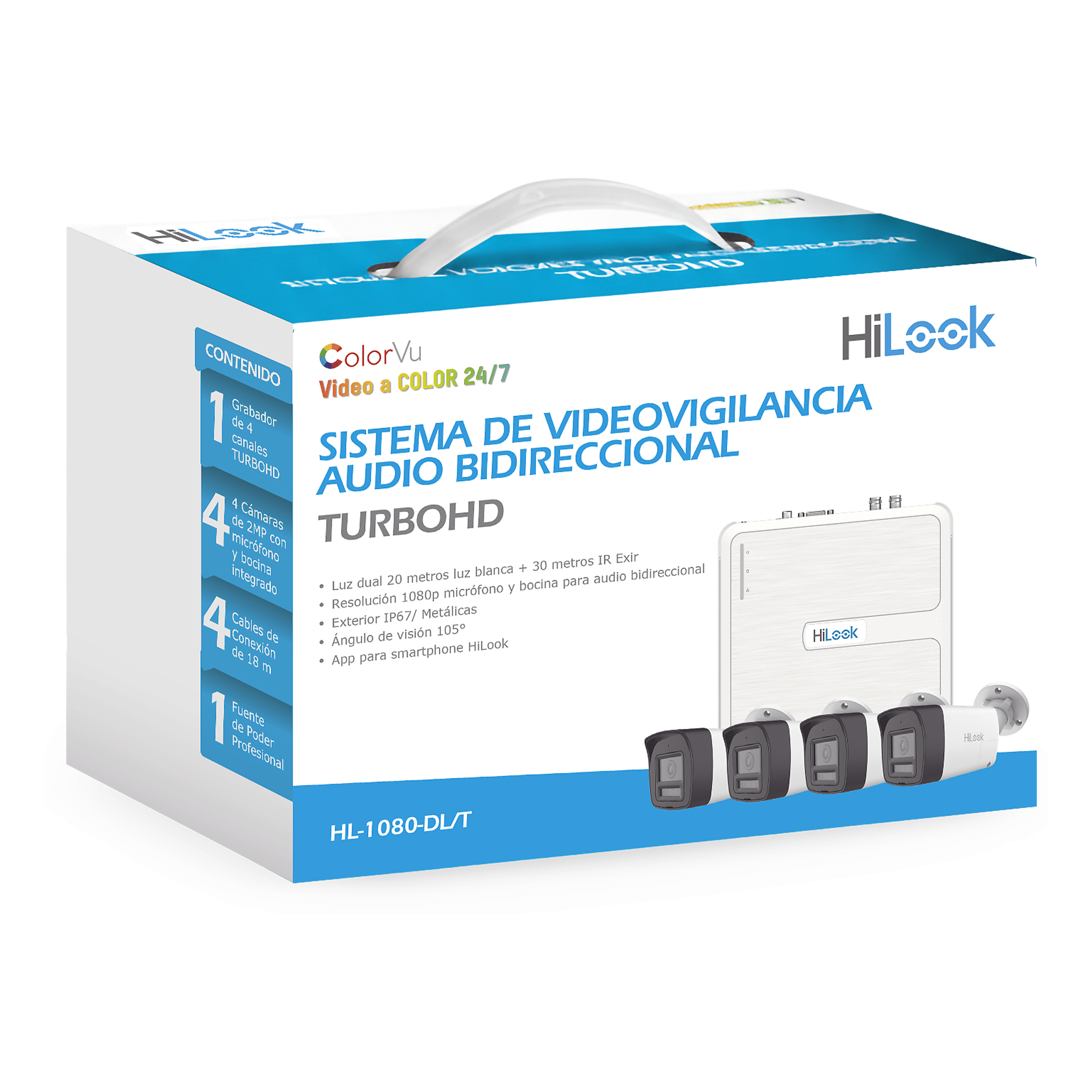 Kit TurboHD / DVR 4 Canales / 4 Cámaras Bala 1080p Lite / Visión Nocturna 20 m (65.6 ft) / Audio Bidireccional / Dual Light / H.265+ / Fuente de Poder Profesional / Cables Siameses 18 m (59.1 ft) — HiLook by HIKVISION · SKU HL-1080-DL/T