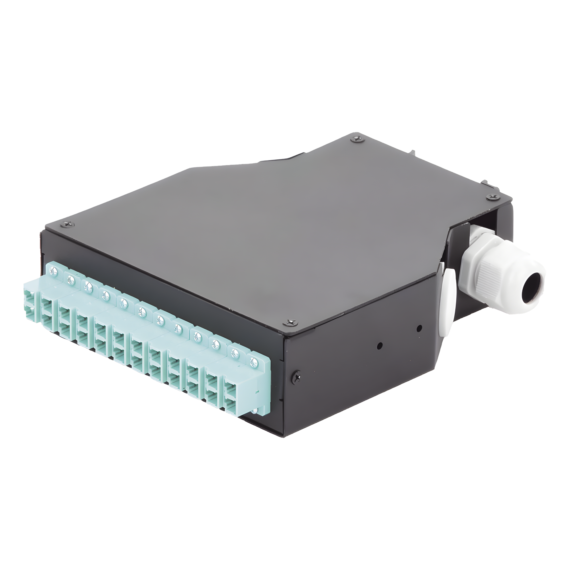 Distribuidor de Fibra Óptica / Riel DIN / 12 Acopladores LC/UPC Dúplex Multimodo / Charola 24 Fusiones / Acero Laminado / 1.57 x 4.96 x 5.59 in