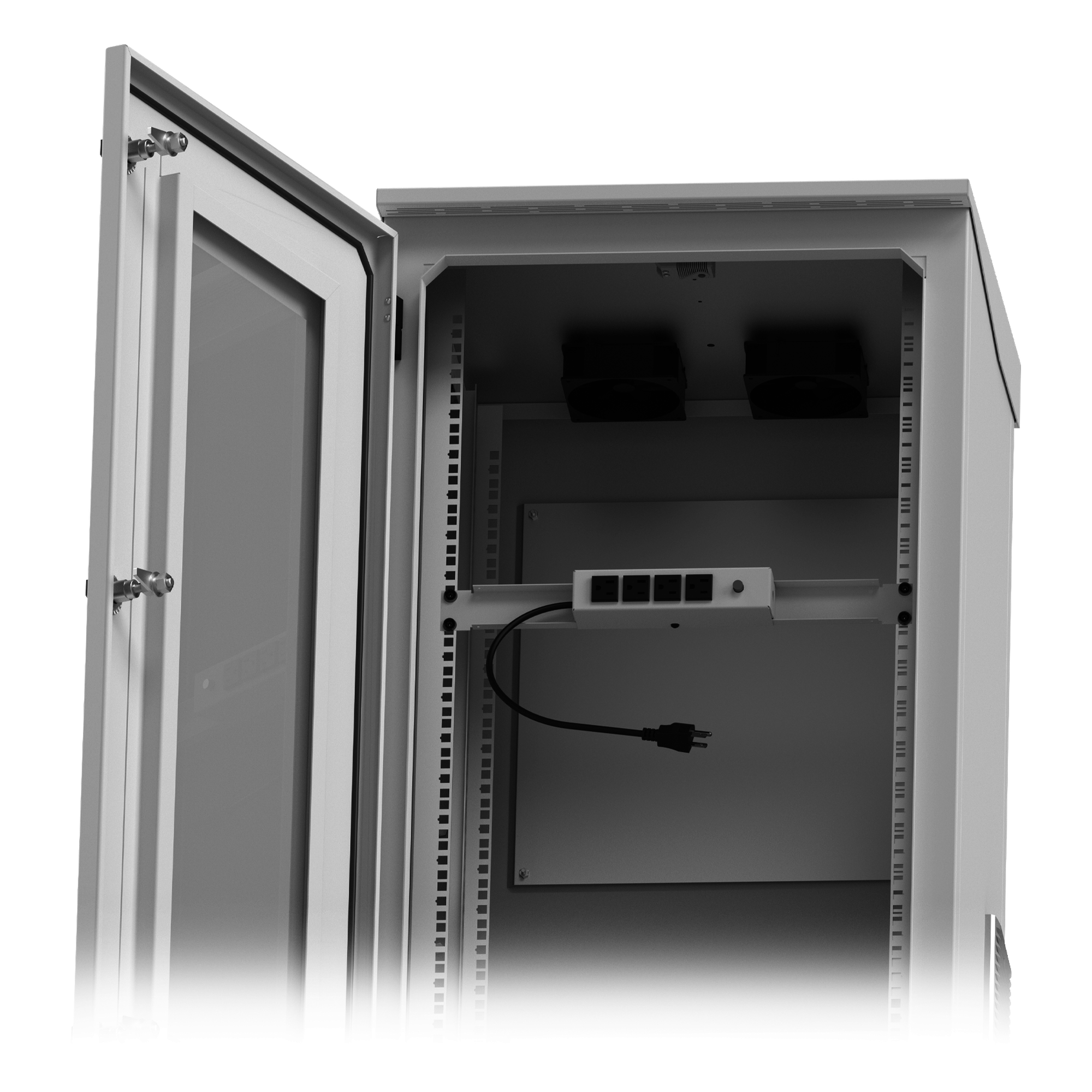 Gabinete de Piso Exterior / Rack 19" 16 U / Ventiladores con Termostato / IP-54 / Espacio para 2 Baterías / 110 VCA / 600 x 1429 x 5 mm