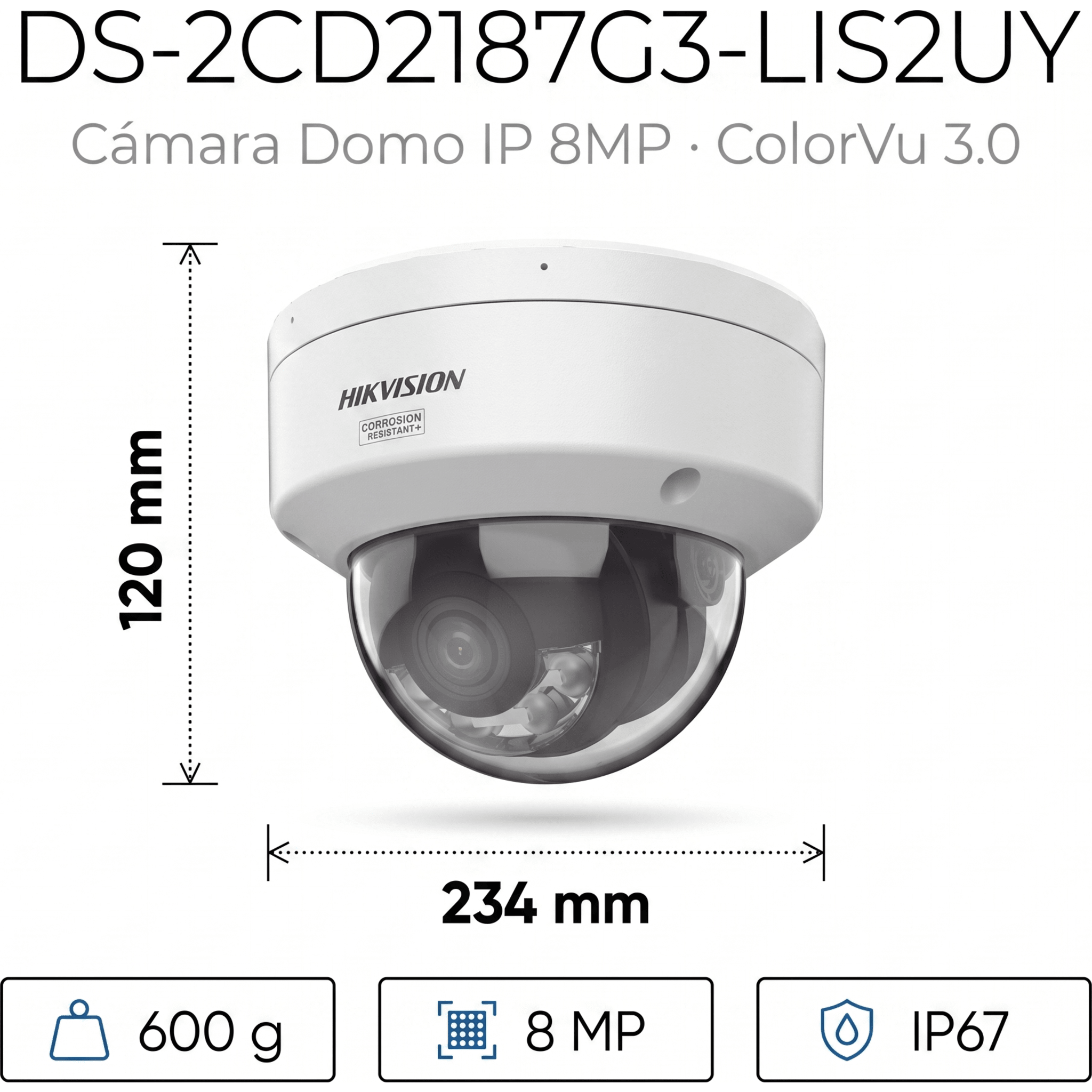 [Dual Light + ColorVu 3.0 + HikAI] Domo IP 8 Megapixel / Lente 2.8 mm / 30 mts IR + Luz Blanca / 2 Microfonos Integrados / Exterior IP67 / WDR 130 dB / ACUSENSE 3.0 / Metal / NEMA 4X / ACUSEEK