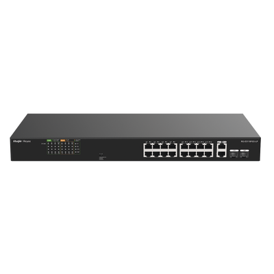 Switch PoE+ No Administrable / 16 Puertos 10/100 PoE+ / 2 Uplinks Gigabit / 2 SFP Combo / 120W PoE / 7.2 Gbps / Sin Ventilador — RUIJIE · SKU RG-ES118FGS-LP
