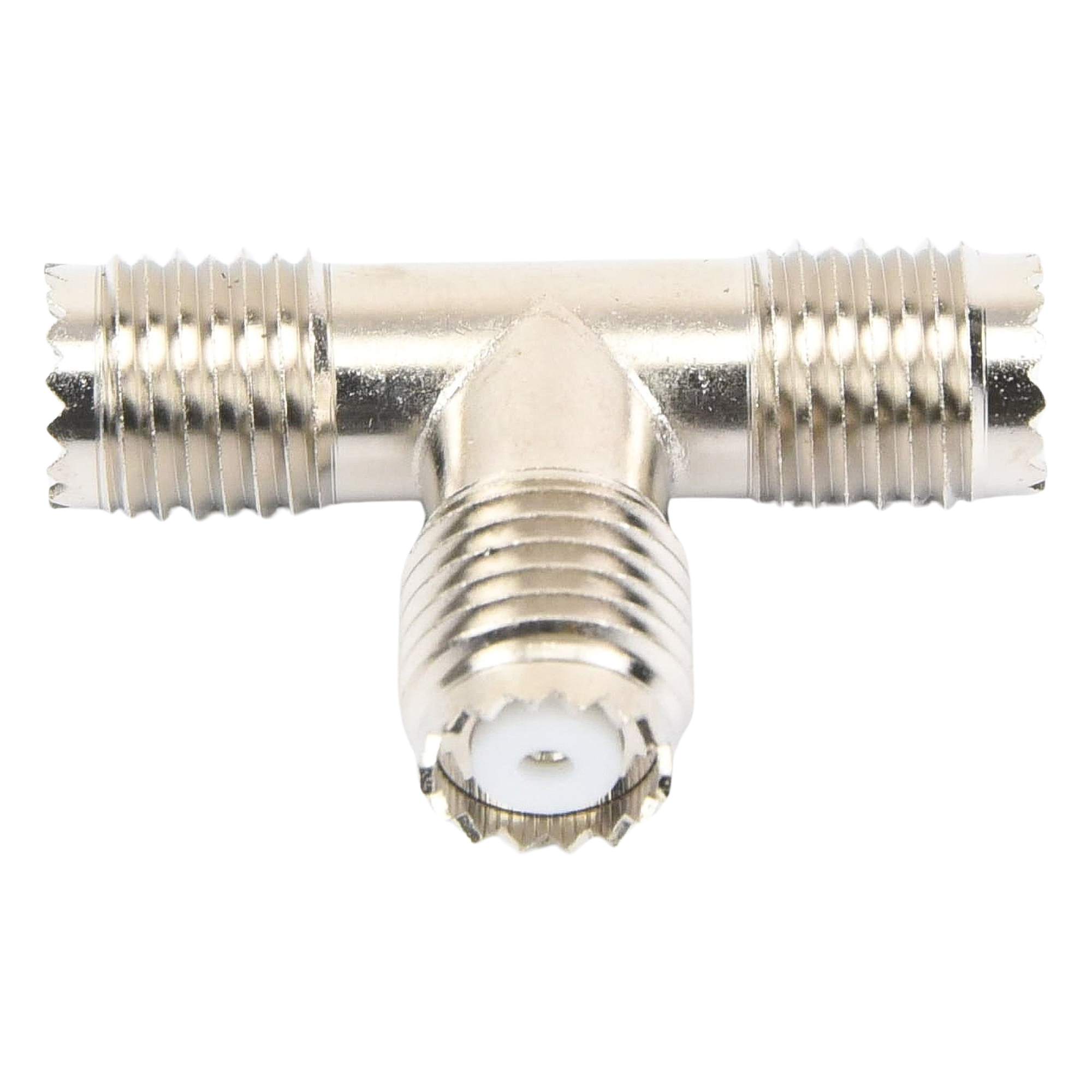 Adaptador RF en T / Triple Mini-UHF Hembra / Cuerpo Níquel / Contactos Plata / Dieléctrico Teflón
