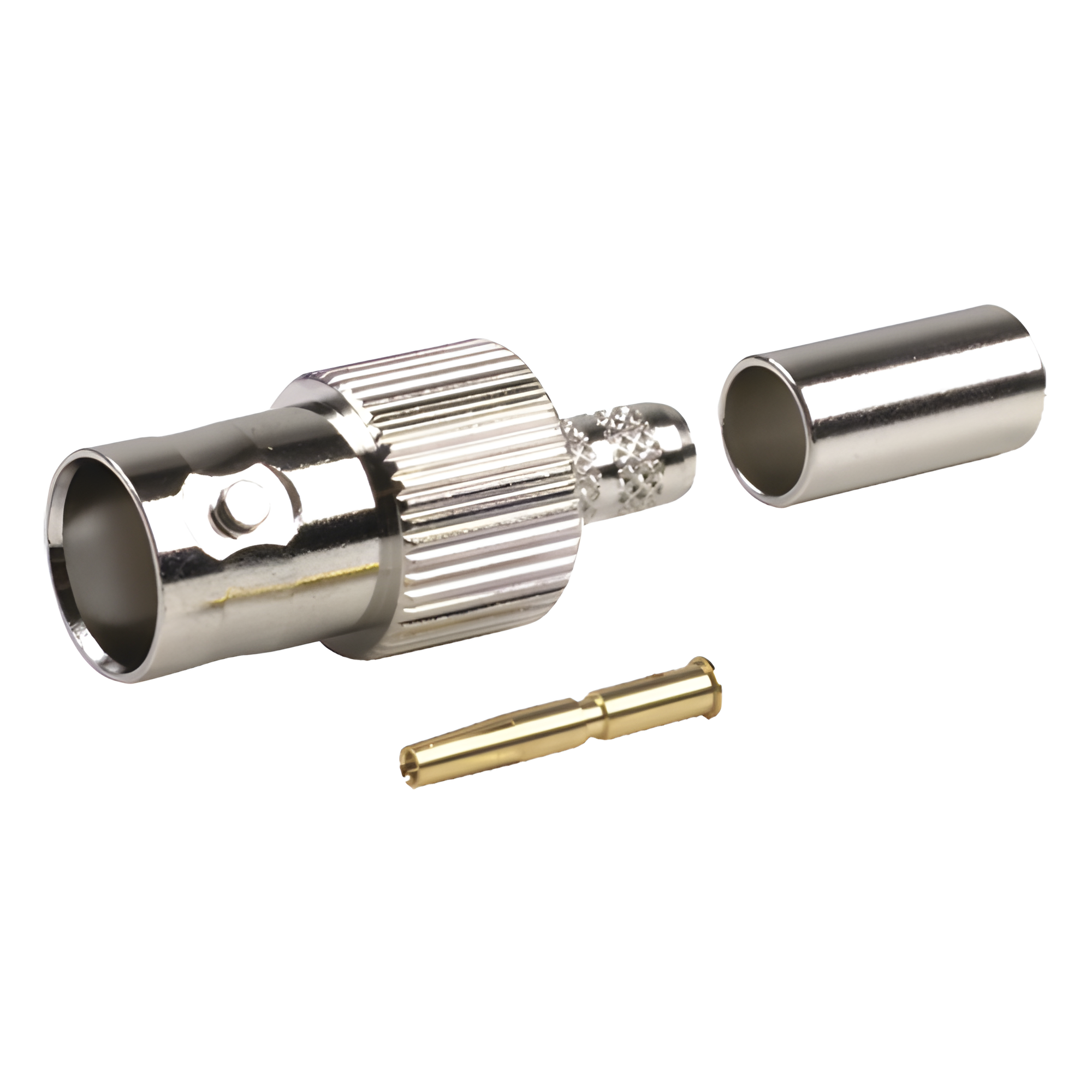 Conector BNC Hembra / Anillo Plegable / Cables RG-8/X, LMR-240, 9258 / Cuerpo Bronce Niquelado / Contacto Oro 24K / Aislamiento Delrin — RF INDUSTRIES,LTD · SKU RFB-1124-1X
