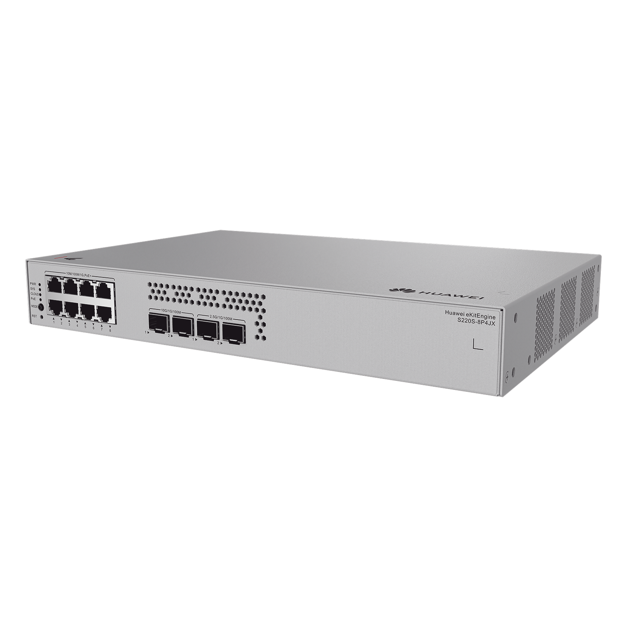 Switch Administrable Capa 2 / 8 Puertos PoE+ Gigabit / 2 SFP 1G + 2 SFP+ 10G / PoE Perpetuo / 128 W / 66 Gbps / 49 Mpps / Sin Ventilador / 3.43 kg / 1.52 ft x 1.05 ft x 0.69 ft — HUAWEI · SKU S220S-8P4JX