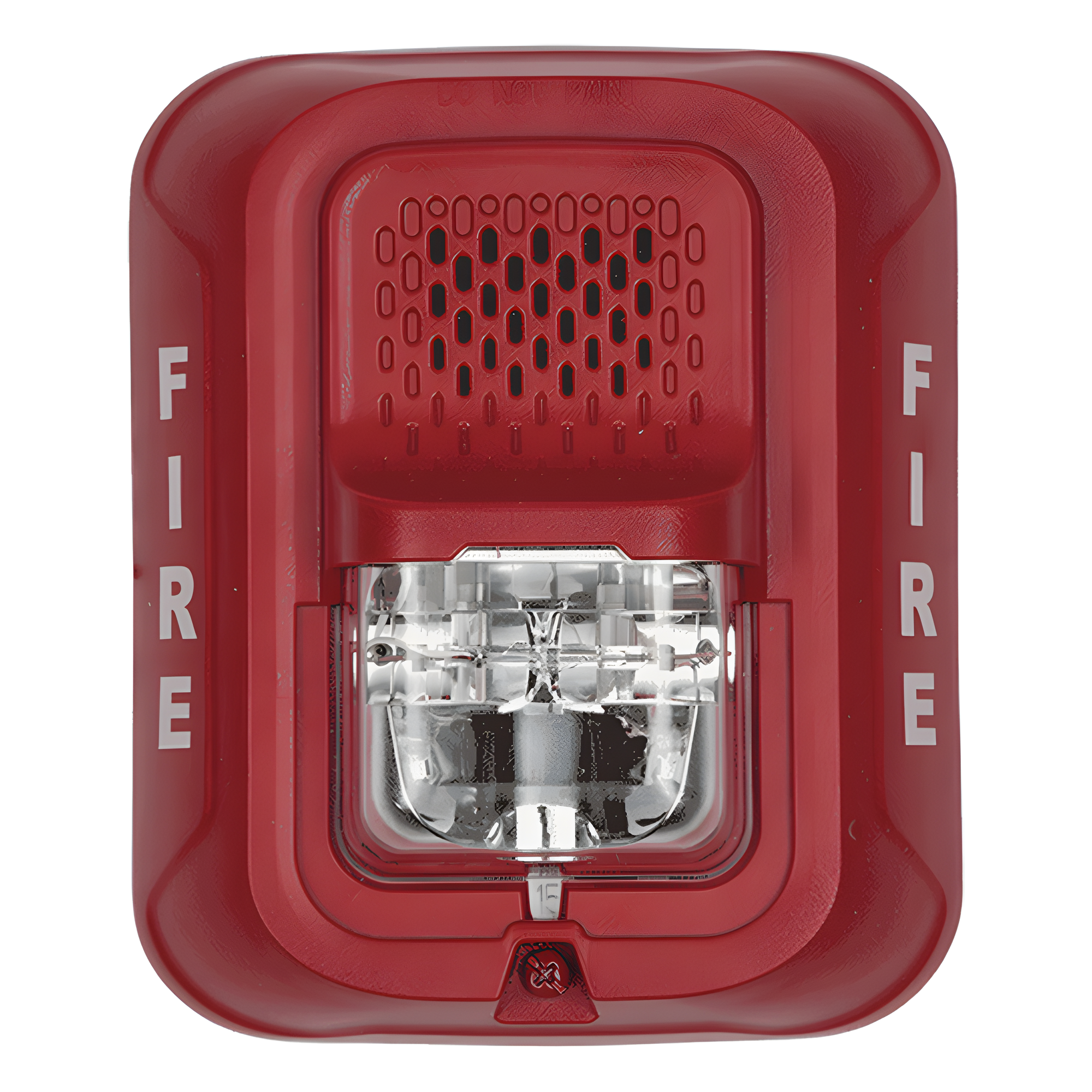 Sirena con estroboscopio / 2 hilos / 12-24 Vcd / candela 15 a 185 seleccionable / rojo con leyenda FIRE / Serie L — SYSTEM SENSOR · SKU P2R-L