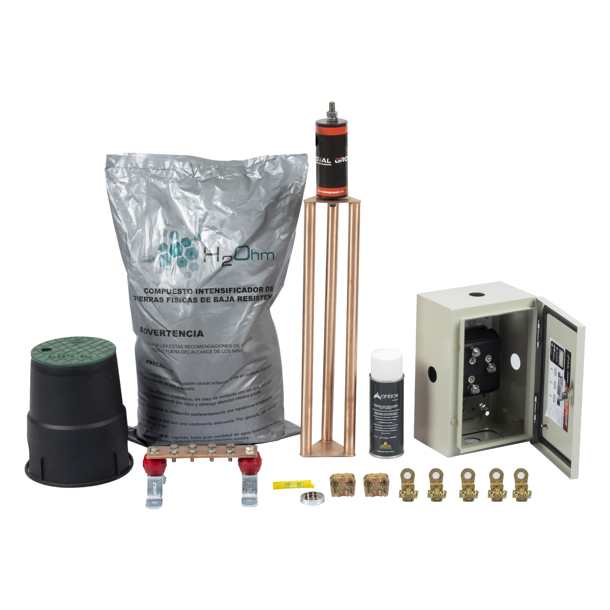 Kit de Puesta a Tierra / Electrodo Magnetoactivo / Capacidad 400 A / Resistencia < 2 Ω / Compuesto H2OHM Orgánico Certificado — TOTAL GROUND · SKU KIT-MASTER-400K-V2