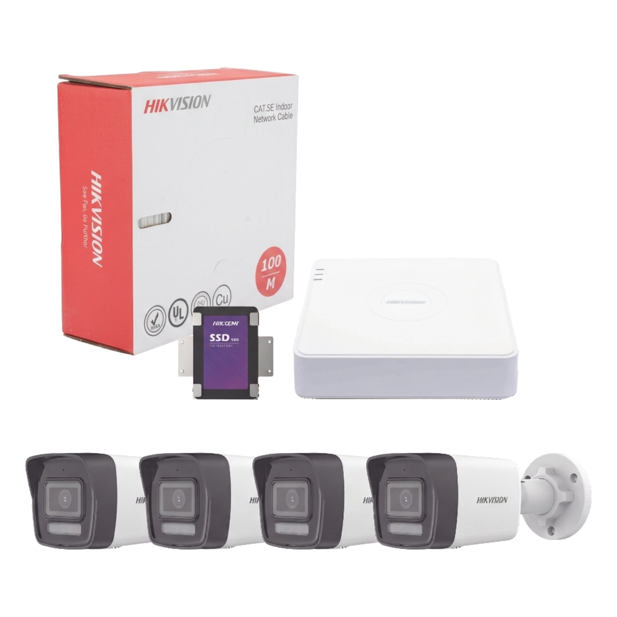 Kit de Videovigilancia IP / 4 Megapixel / NVR 4 Canales PoE+ / 4 Cámaras Bala Dual Light / IR 30 m (98.4 ft) / Luz Blanca 30 m (98.4 ft) / Audio Integrado / SSD 1 TB / Cable 100 m (328.1 ft) — HIKVISION · SKU KIT4MP/4B/1TB