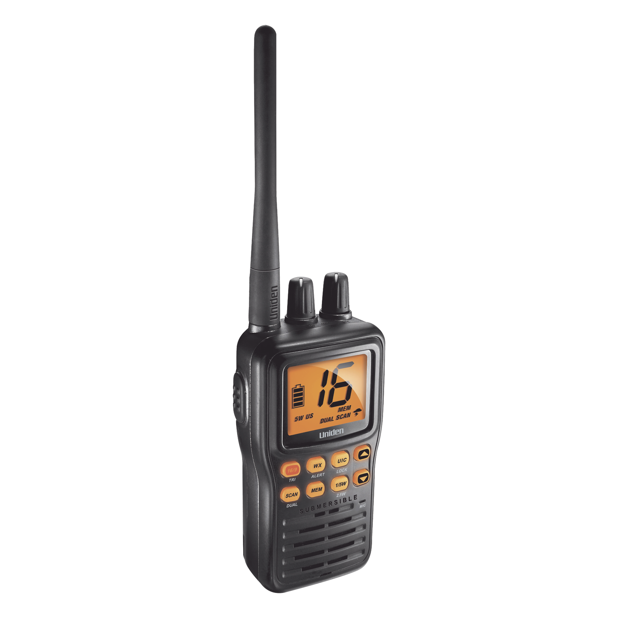 Radio Marina VHF Portátil / IPX8 Sumergible y Flotante / Potencia 1-5 W / Batería 12 h / Canales Internacionales, USA y Canadá