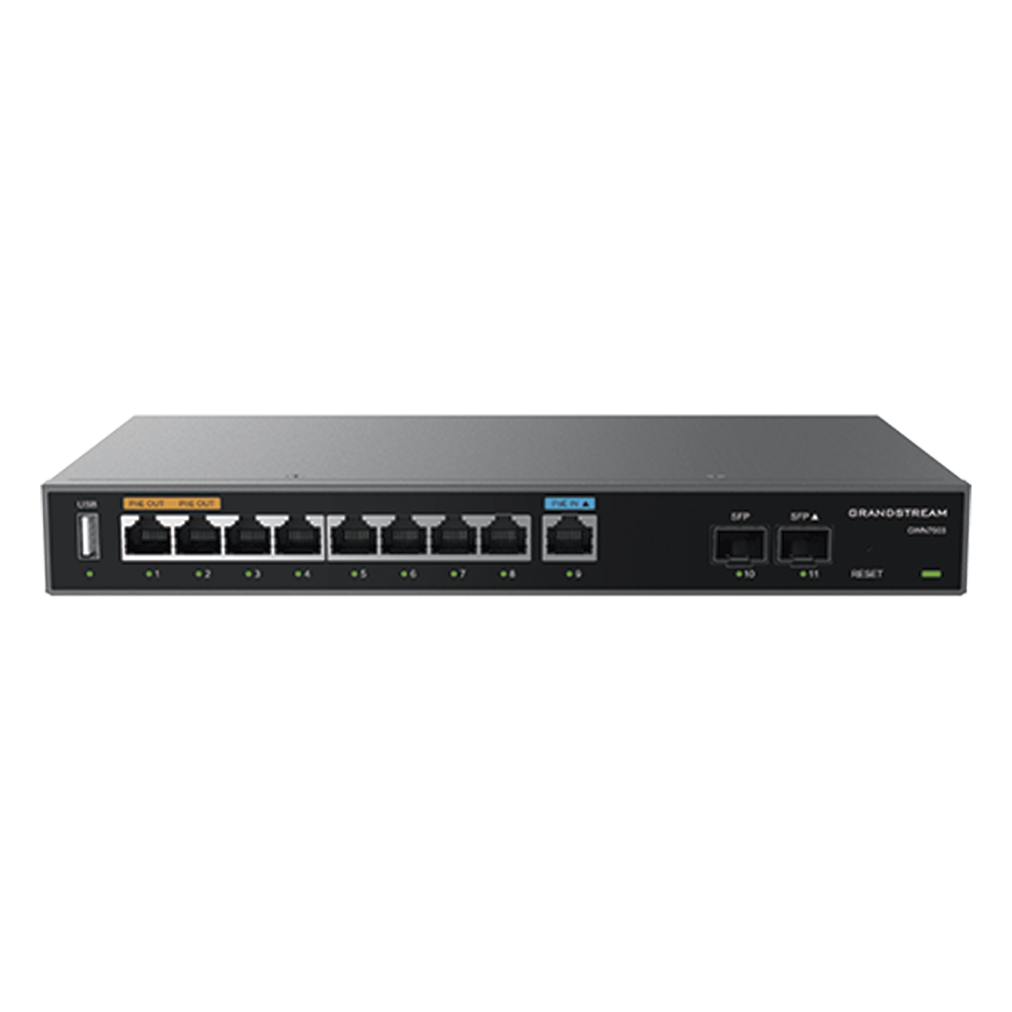 Router Gigabit VPN / Balanceador de cargas / 60,000 sesiones NAT / 9 puertos RJ45 Gigabit + 2 puertos SFP / PoE entrada y salida / Compatible con GWN Cloud