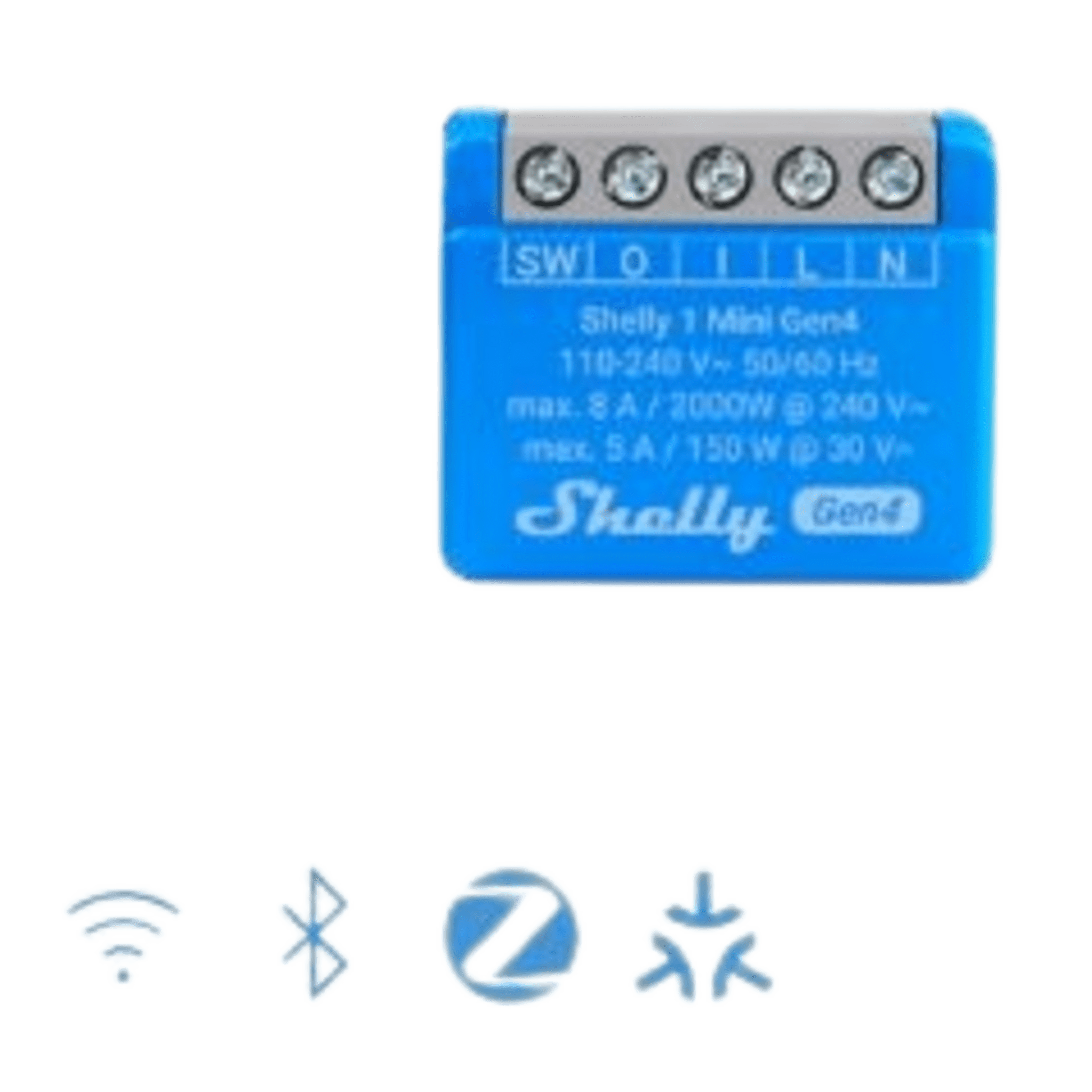 Mini Interruptor Inteligente / Wi-Fi 2.4, Zigbee, Bluetooth, Matter / 1 Canal 8A / 110-240V AC / Contacto Seco / 29x35x16 mm (1.14x1.38x0.63 in) — SHELLY · SKU SHELLY1MINIGEN4