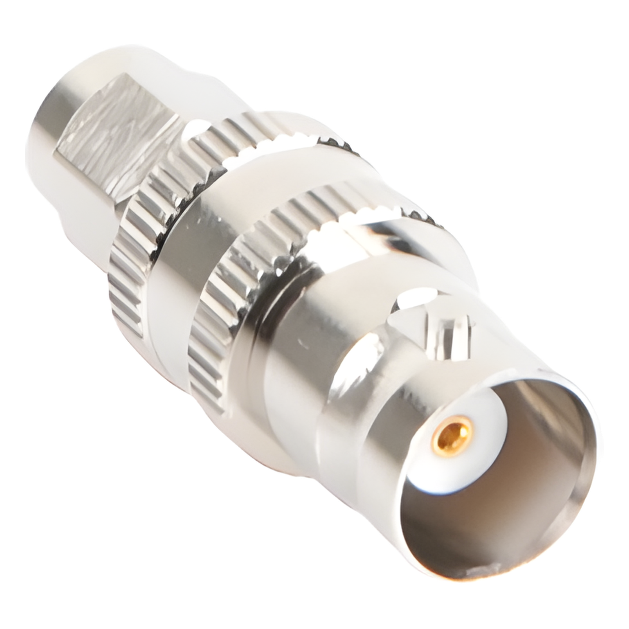 Adaptador RF Coaxial / SMA Macho a BNC Hembra / En Línea / Cuerpo Bronce Niquelado / Contacto Oro / Aislante Teflón