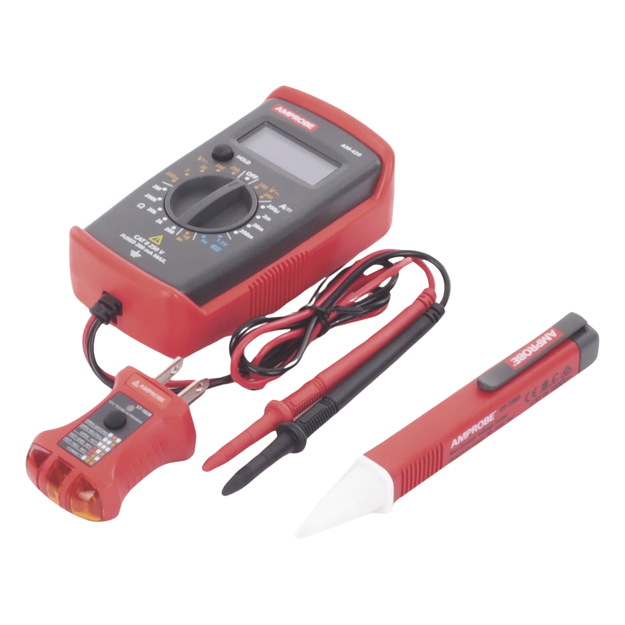 Kit de Prueba Eléctrica / Multímetro Digital / Detector de Tensión sin Contacto / Probador de Fase GFCI / 250 V AC/DC / 50 A — AMPROBE · SKU PK-110